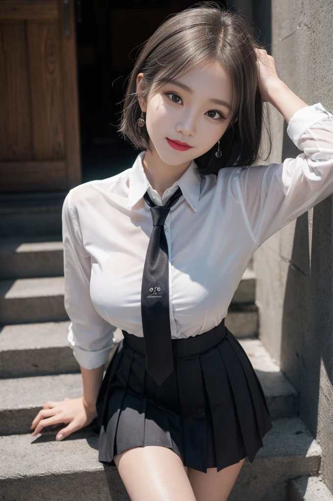8k RAW photo, High resolution, A cool 21 year old Korean, Big round breasts, , tie, tie ribbon, blazer, skirt, Beautiful eyes in every detail, Long eyelashes, Beautiful double eyelids, eye shadow, Long, narrow eyes, Three white eyes, Heavy eye makeup, Wicked Smile, Beautiful slim legs, Short hair tied back, Earrings, School classroom