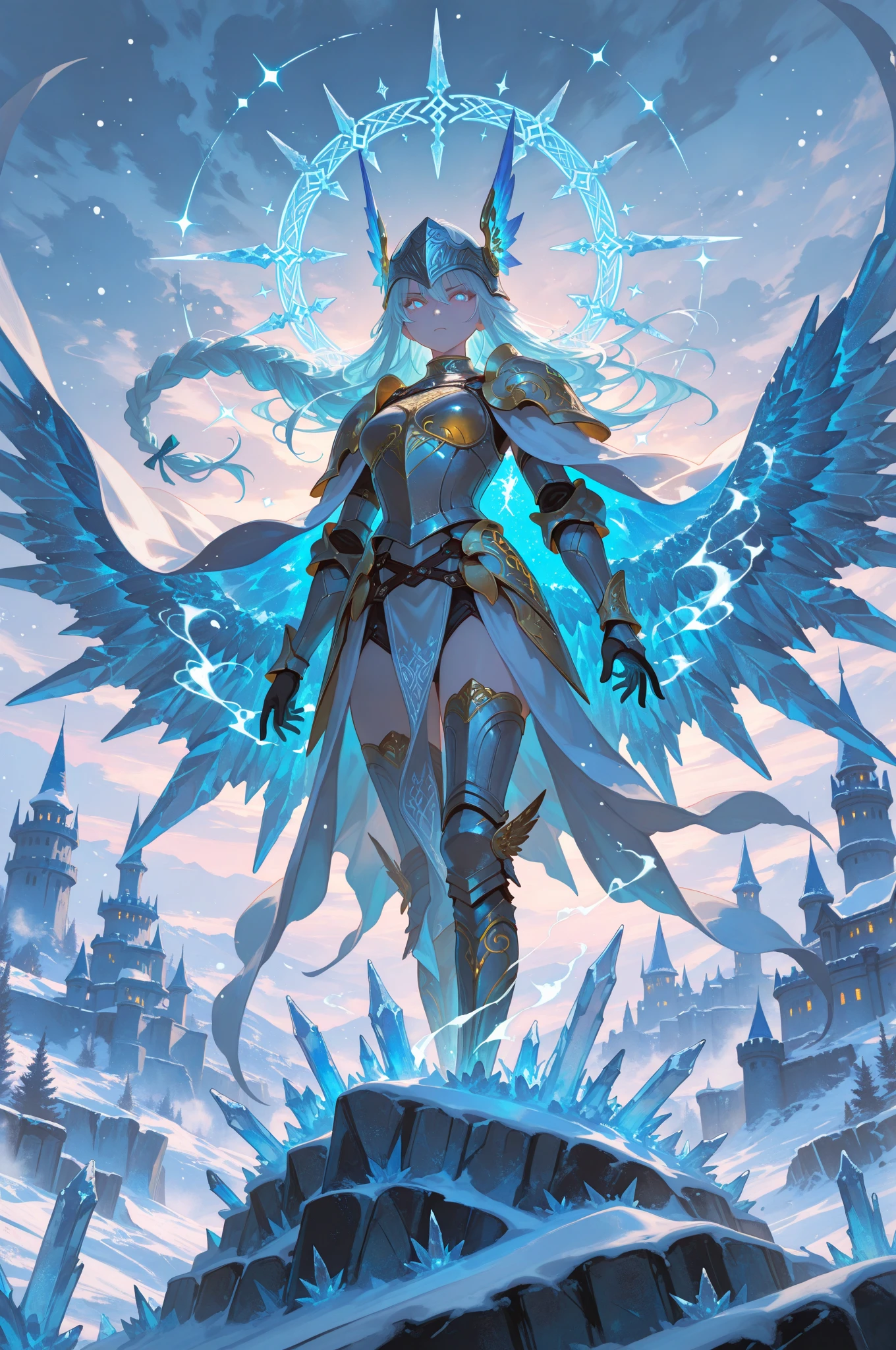 8k_wallpaper, extremely detailed eyes, extremely detailed body, (large masterpiece digital art), (detailed manga illustration), (detailed line art), ((perfect anatomy)), (intricate details:1.3), (ultra-detailed:1.3), (illustration:1.3), (sharp focus:1.3), (natural lighting:1.05), (vivid colors:1.3), (masterpiece), best quality, expressive eyes, perfect face, 1 girl, breasts, gloves, large breasts, {blue hair}, medium hair, wavy hair, (gray eyes), hourglass physique, huge ass, dynamic pose, dynamic lighting, fur trim, hair bun, glowing, crystal, delicate\(armor\), armor, full armor, cuisses, shoulder armor, belt, hand guard, boots, glove, particles stream, creationmagic, ethereal creation, Magic Circle, glowing, crystal, jim lee, beautiful esd_woman, hair bun, fur trim, jewelry, crystal, Magic Circle,