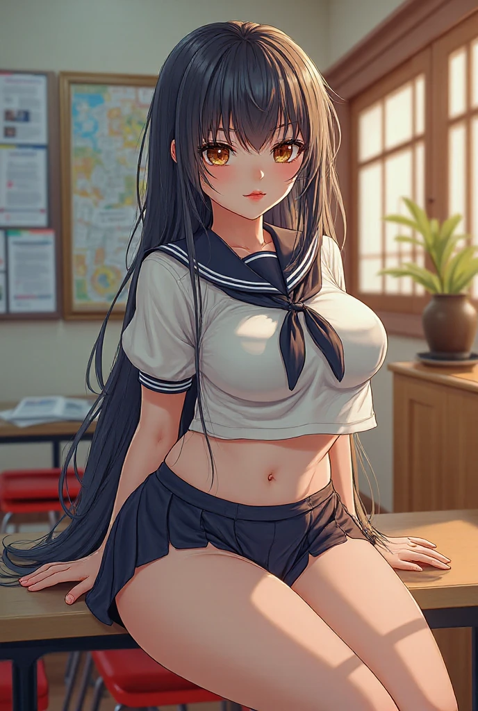 Risa, black haired japanese girl, sitting in classroom in , cute, beautiful, realistic style, highly detailed, 4k, look at camera, face close-up, (NUDE)