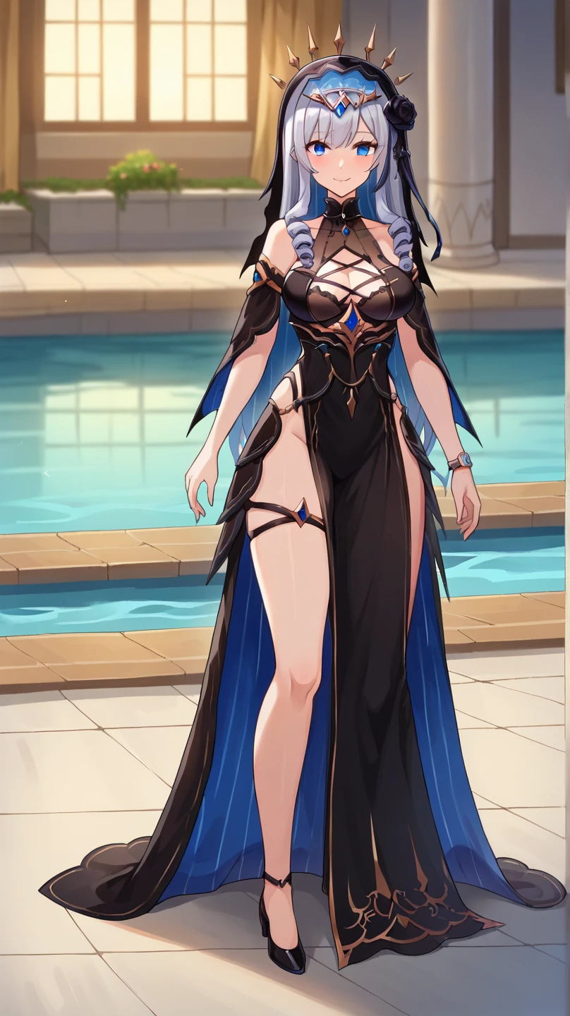 trading card style, art nouveau, standing, detailed face, detailed eyes, beautiful blue eyes, slender woman, divine, long ponytail, big breasts, black and gold bikini, gold accessories, dark hair