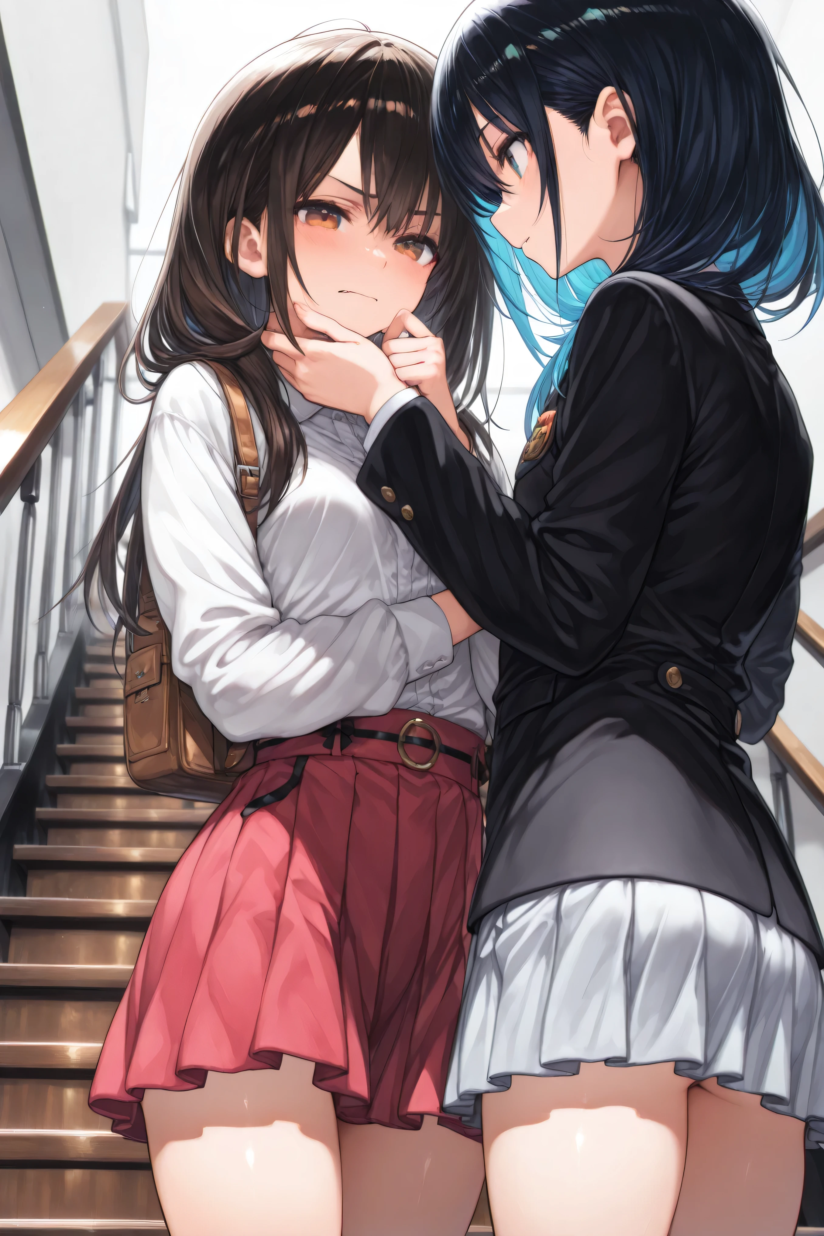Masterpiece, Best Quality ,, 2 girls, Lily, (Kisses:1.8), (French Kiss), Blushing, Eyes closed, (tongue), (Saliva), (groping), Hands on breasts, Tongue sucking, Sweat, Business suit, Tight skirt, Pantyhose, disheveled clothing, Sheer panties, Blouse that sticks to body with sweat, Sheer underwear, Sexy lingerie, Half-taken off panties, No bra, Outdoor, Adultery, Nasty look, ecstasy, back alley, out-of-town, illuminated by street lamps, disheveled hair, leaking pee, damp feet, damp clothes
