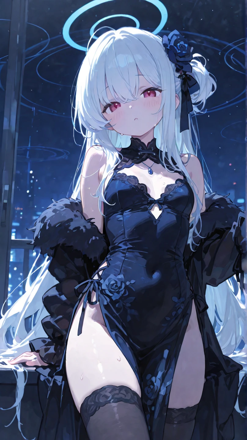 best quality, ultra precision, 1girl, cute, little girl, young, boyish, childish, small breasts, silver hair, cat ears, blue eyes, beautiful eyes, girl, ecstasy, start to undress, naughty mood, she loves you, sexy, lost virgin, virgin, blush, beautiful skin, big bow on chest I'm not wearing panties open legs