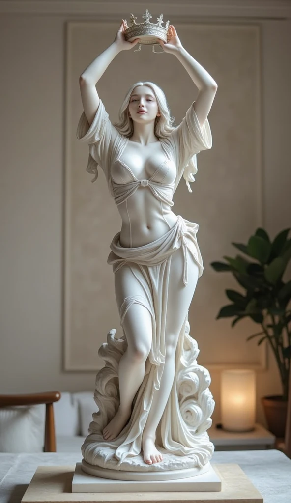 1garota, de 23 anos, regata preta, artista, cabelos cacheados, rosto lindo, cabelos volumosos e soltos, olhos castanhos, vestindo uma regata preta, dentro do seu atelier, apoiando o corpo em uma de de suas 4 obras de arte, Greek marble statue of a nude goddess, imagem da cintura para cima.