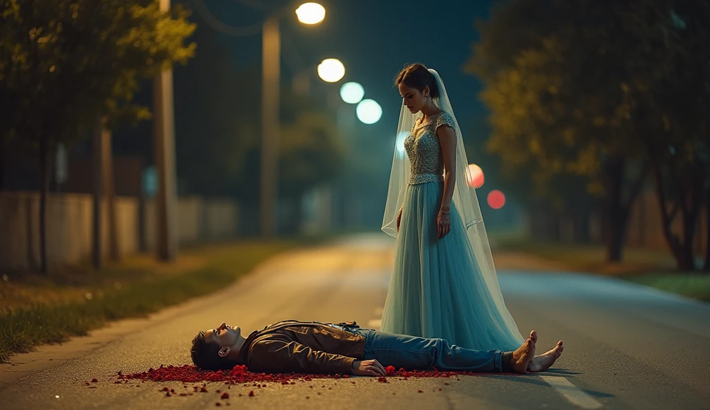 realistic horror painting in which a desperate and tormented man is being rejected by a woman. The man, with an expression of deep despair and wide eyes, kneels holding a bouquet of flowers before the woman, his hands shaking as he begs for her love. His skin is pale and marked with dark veins, as if the rejection is literally draining the life from him. The woman, with an ethereal and sinister beauty, stands above him, looking down at him with a cold and impassive expression. Her eyes are deep and empty, emitting a pale and eerie glow. She is dressed in a dark dress that seems to flow like shadows around her feet, and her black hair waves as if moved by an invisible wind. The surroundings are dark and oppressive, with thick fog and indistinct shapes that seem to writhe in the shadows, while spectral figures observe the scene with macabre smiles. The contrast between the man's desperate plea and the woman's implacable coldness creates an atmosphere of deep psychological terror.