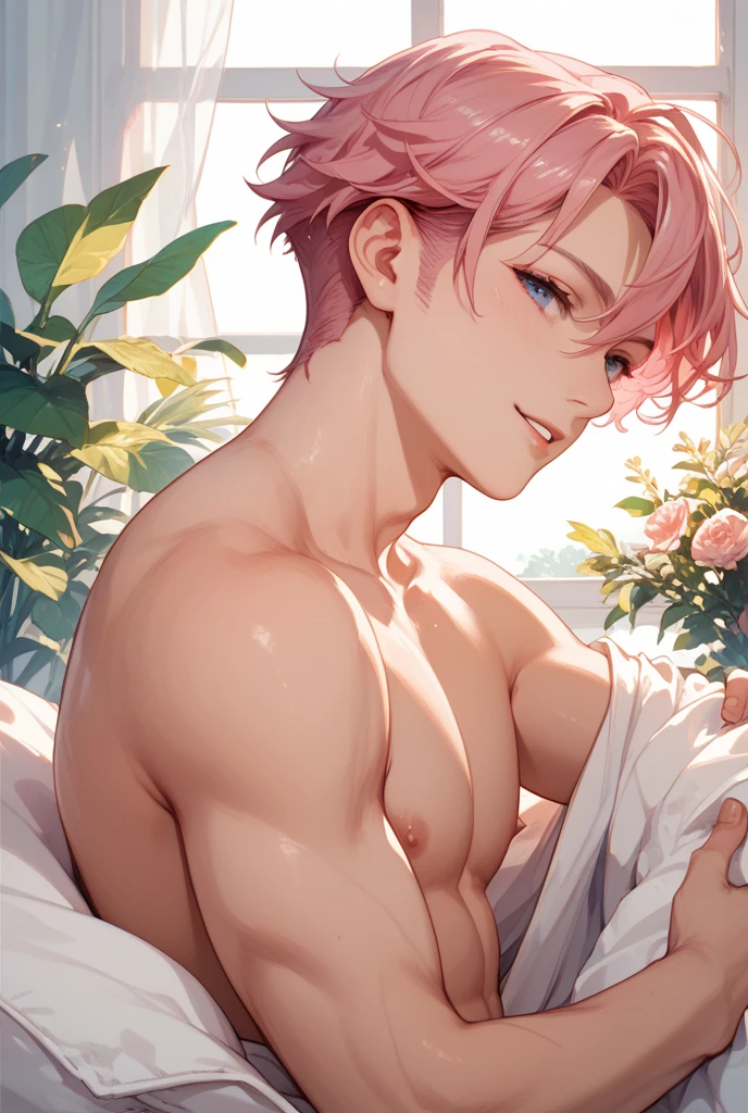 absurdres, highres, ultra detailed, HDR, master piece, best quality, Quincy, blond messy hair, expressive orange eyes, Nu Carnival, solo, sexy man, handsome, horny, naked, touching his dick, lewd, window, red curtains, petals, flowers