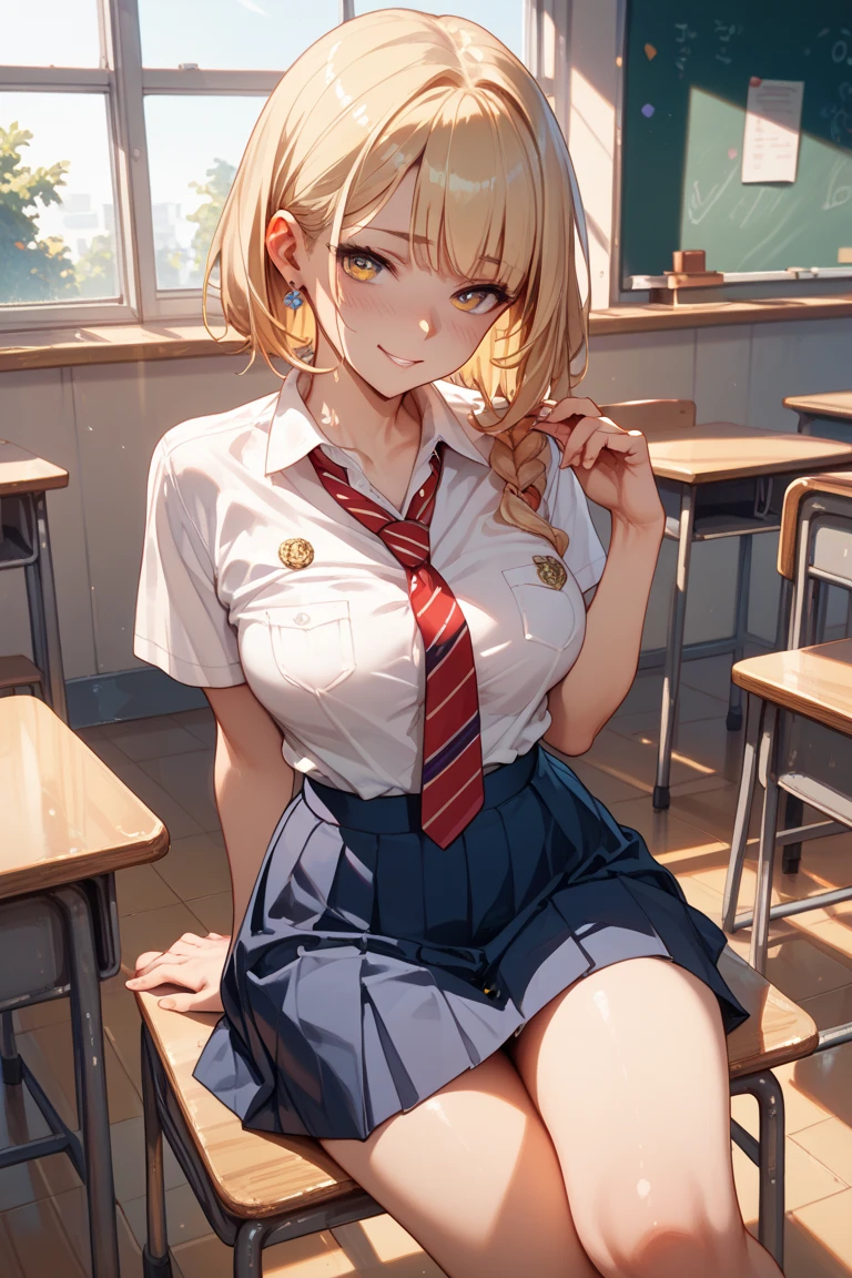 (masterpiece:1.3, Highest quality), (Realistic, photoRealistic:1.4), Beautiful illustrations, Perfect lighting, colorful, Written boundary depth,
Looking at the audience, whole body, Front view:0.6, 1 Girl, alone, Japanese, high school girl, Improve, (Big Breasts:0.8, Big Ass, Captivating thighs, Skin dents),
(Long Hair:1.5, Side Ponytail), Asymmetrical bangs, Purple eyes, Part your lips, (very tanned and shiny skin),
Beautiful Hair, Beautiful Face, Highly detailed face, Fine and beautiful eyes, Beautiful clavicle, Beautiful body, Beautiful breasts, Beautiful thighs, Beautiful legs, Beautiful fingers, ((Collared short-sleeved shirt, White shirt, , pink plaid pleated skirt, Black tie)), White panties, Polka dot hair scrunchie,
( Sexy pose), (Captivating smile), evening,sit in classroom,Gal,(Brown Skin:1.5),(blonde:1.5),(View from below),