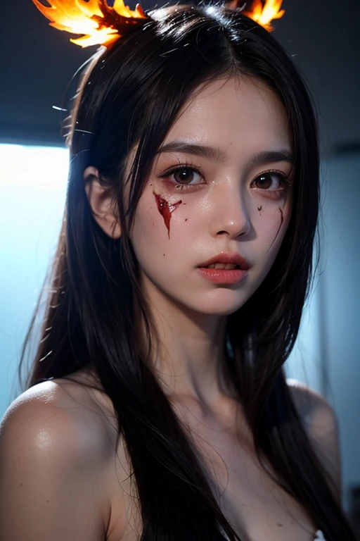 (Masterpiece:1.2, best quality), (Beautiful eyes with exquisite details: 1.2), (Detailed background,dark fantasy), (Beautifully detailed face), high contrast, (Best illumination, Delicate and extremely beautiful), ((Cinema-grade lighting)), colorful, hyper detail, incredible light, complicated details, (1 woman, alone,black hair, Sharp face,Low Twintails,conjunctivitis, hair between the eyes,Dynamic angle), (blood splatter:1.4), Black light swirled around the character., depth of field,black light particles,(broken glass),magic circle,