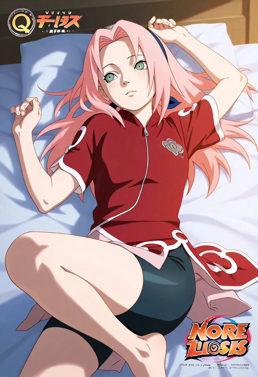 masterpiece， Best quality at its best， 1 girl，(open waist:1.5) ，Sakura Haruno，red clothes ，（split)，lying on his back , full length,raised sexy，angry，with pink hair， long pink hair， （Green Eyeballs:1.4)， Forehead Protection ,tight black glossy bicycle shorts, knees bent, view from above, the back is arched back, legs spread wide, hands raised up and tied with rope, full length, соски просвечивают
