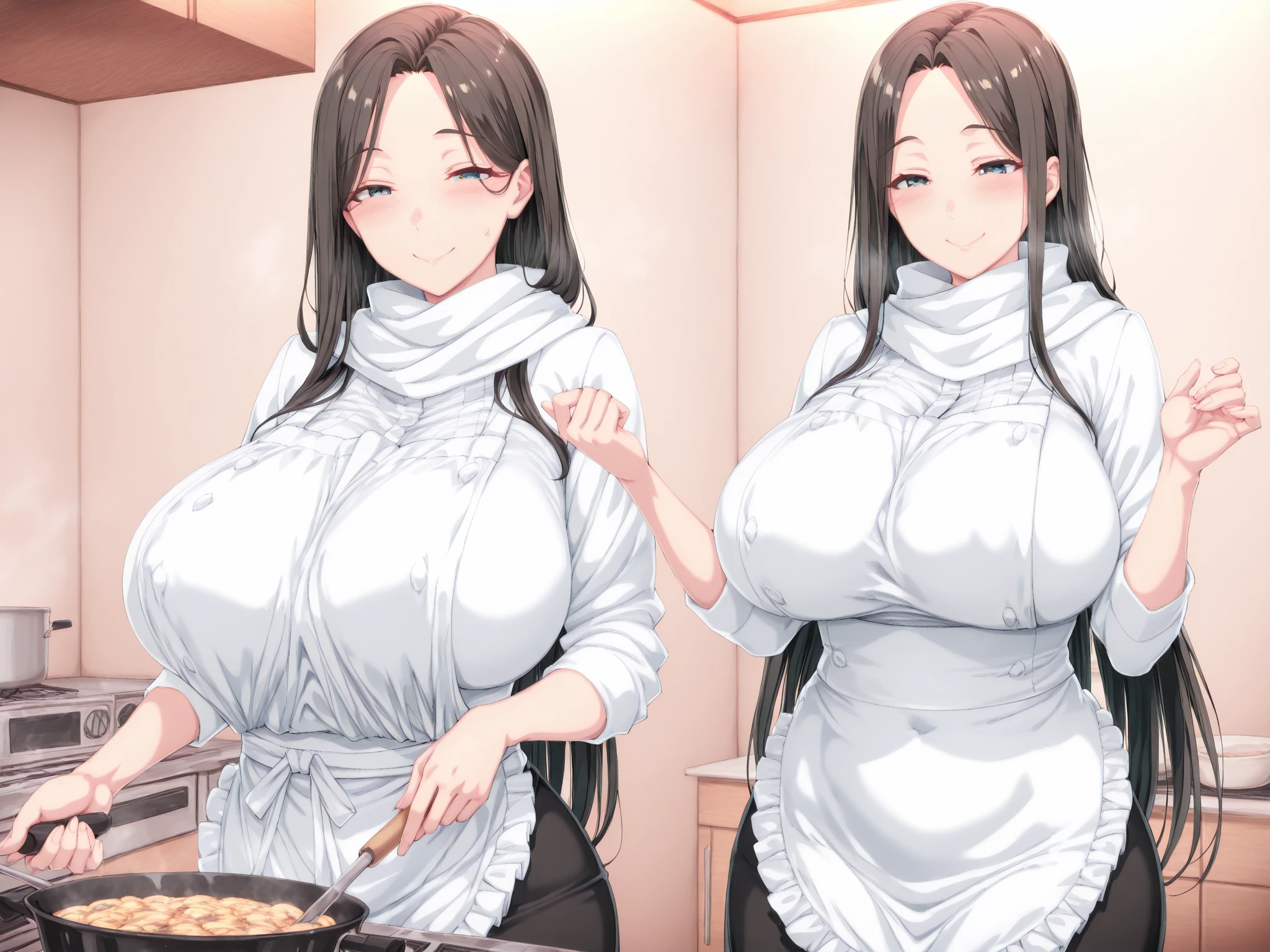 (Mature Woman:1.5), (mother:1.5), Ishtar, Fate Grand Order, (absurderes, 8K, 4K, masutepiece, hyper extreme detailed:1.2), Best Quality, Perfect Anatomy,Perfect face,Facing forward,High humidity, (alone:1.2), (Sweaty:1.3), shortness of breath, High humidity, humid, (Black Hair:1.1), Red eyes, Looking into the camera, (Very large breasts:1.5), Light clothing, apron, (kitchen;1.1), (Having a conversation:1.5), (Speech bubble:1.2), A kind smile, relief, peace of mind, mother性, Cooking, have a ladle, pot, pot-au-feu, (chubby:1.1), (Plump:1.1)