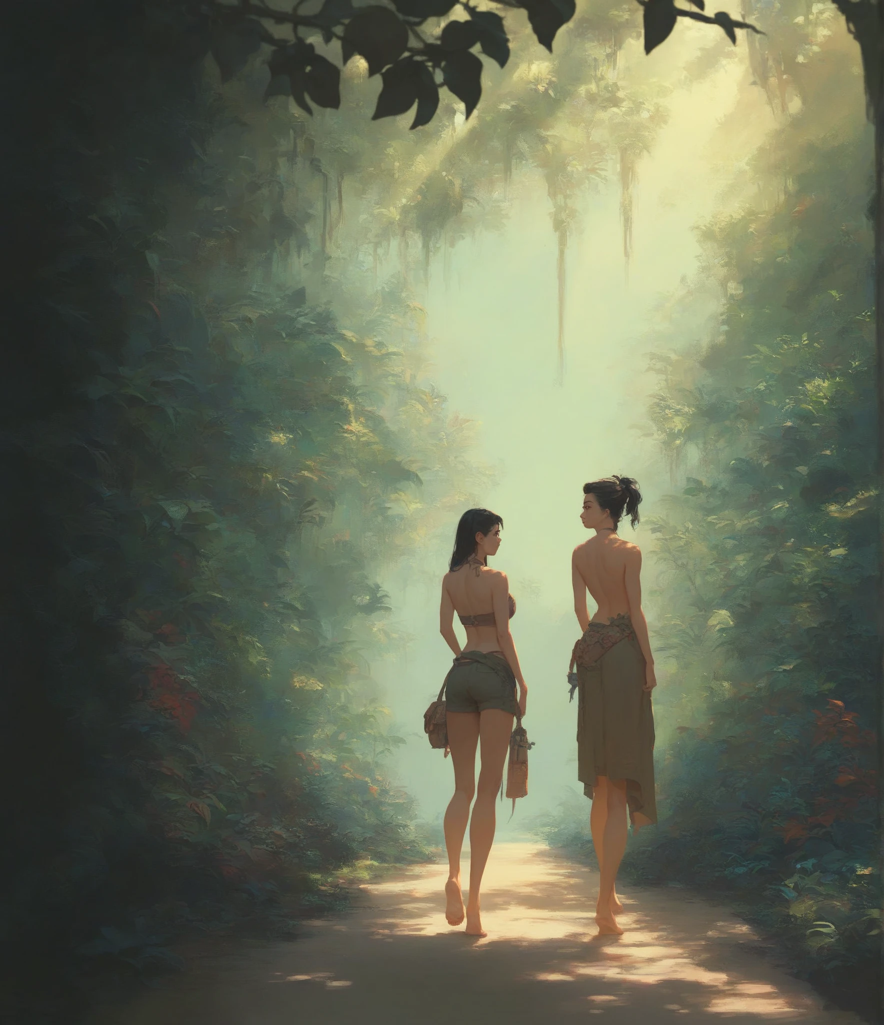 alone in the universe, in watercolor style, Photorealism, discreet golden and ruby and mint shades, (nude) a gentle, modest, thin girl of 16 years old with a very beautiful, sophisticated face of the southern type with a short dark hairstyle with beautiful breasts with tender nipples (barefoot) in a long old green skirt walking in the distance (Across the desert) with a flask of wine, stunted little plants, drought, precious jewelry on the neck and chest and on the wrists, precious bracelets, ankle bracelets