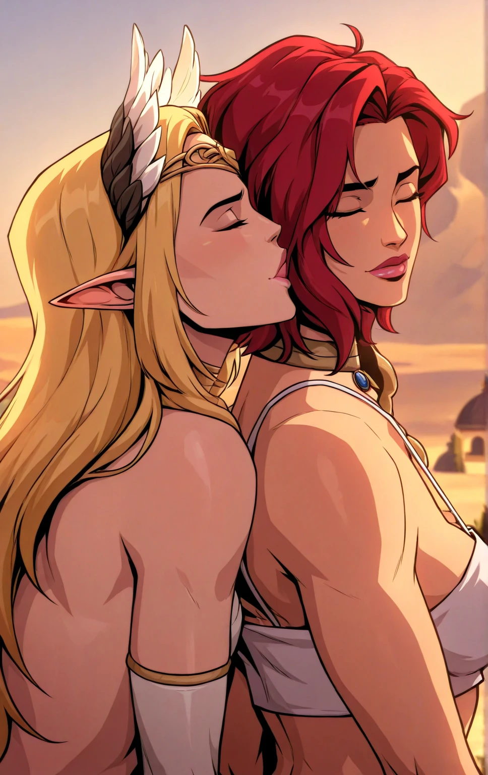 score_9, score_8_up, score_7_up, shaded BREAK 1futanari and 1girl, futanari Riju having sex with Zelda, red hair, green eyes, tan, long hair, hair ornament, blonde hair, green eyes, white skin, long hair, v-shaped eyebrows, smug, looking at viewer, topless, bottomless, fully naked, fully nude, futanari, penis, precum, bulge, girl's hand stroking penis, bodies touching, large breasts, huge breasts, round full breasts, super thin waist, heart shaped hips, kissing, Riju's penis penetrating Zelda's vagina, Zelda straddling Riju while being penetrated, sexual intercourse, sensual scene, outdoors, sunset, balcony