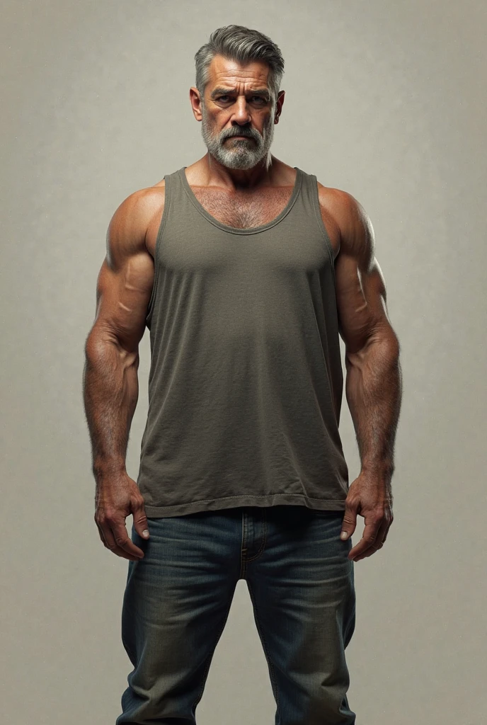 handsome mature man in his 50s,white man with a tanned complexion,(well-defined pecs and arm muscles),full body, facial hair styled into a neatly groomed beard,(intelligent and alluring eyes),a captivating, symmetric face with strong and defined facial features,a confident smirk on his lips,giving off an air of wisdom and rugged charm,beefy build that emanates strength and vitality. ((Full body)), white formal trousers