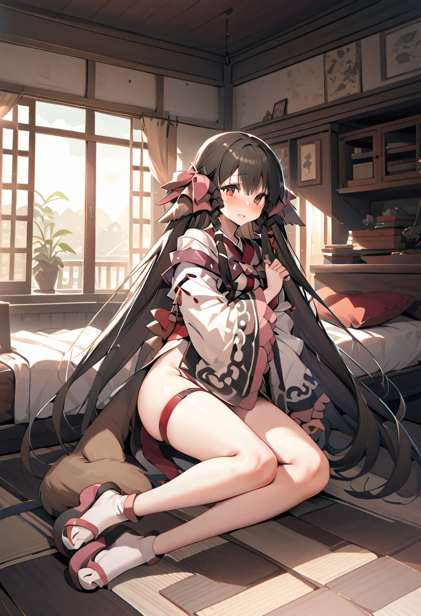 (masterpiece, best quality: 1.2), traditional Chinese ink painting, A cute 18 year old female with medium  breasts, Oversized dress :1.2, Couch, Ultra-detailed face, Detailed eyes, Double eyelid, sfw , long dress