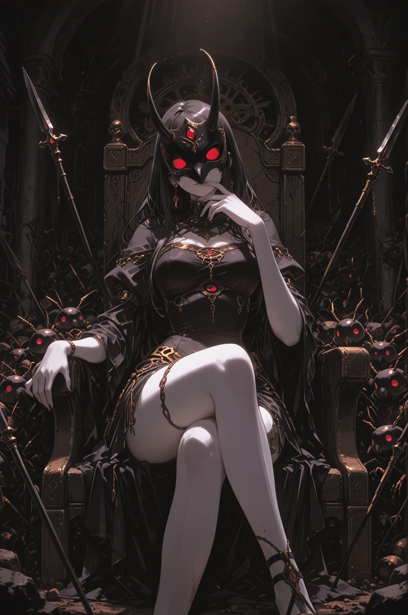 senjumaru shutara, (long hair, bangs, blunt bangs, black hair, sidelocks:1.5), (black eyes:1.5), makeup, lipstick, red lipstick, breasts, epic art, fantasy, 1girl, anklet, barefoot, solo, jewelry, sitting, indoors, breasts, choker, looking_at_viewer, cleavage, bracelet, large_breasts, bare_shoulders, dress, glow effects, godrays, Hand drawn, render, 8k, octane render, cinema 4d, blender, dark, atmospheric 4k ultra detailed, cinematic, Sharp focus, big depth of field, Masterpiece, colors, 3d octane render, 4k, concept art, trending on artstation, hyperrealistic, Vivid colors, extremely detailed CG unity 8k wallpaper, trending on CGSociety, Intricate, High Detail, dramatic, anime coloring, anime screencap, steaming body, fog, heavy breathing, nsfw art,