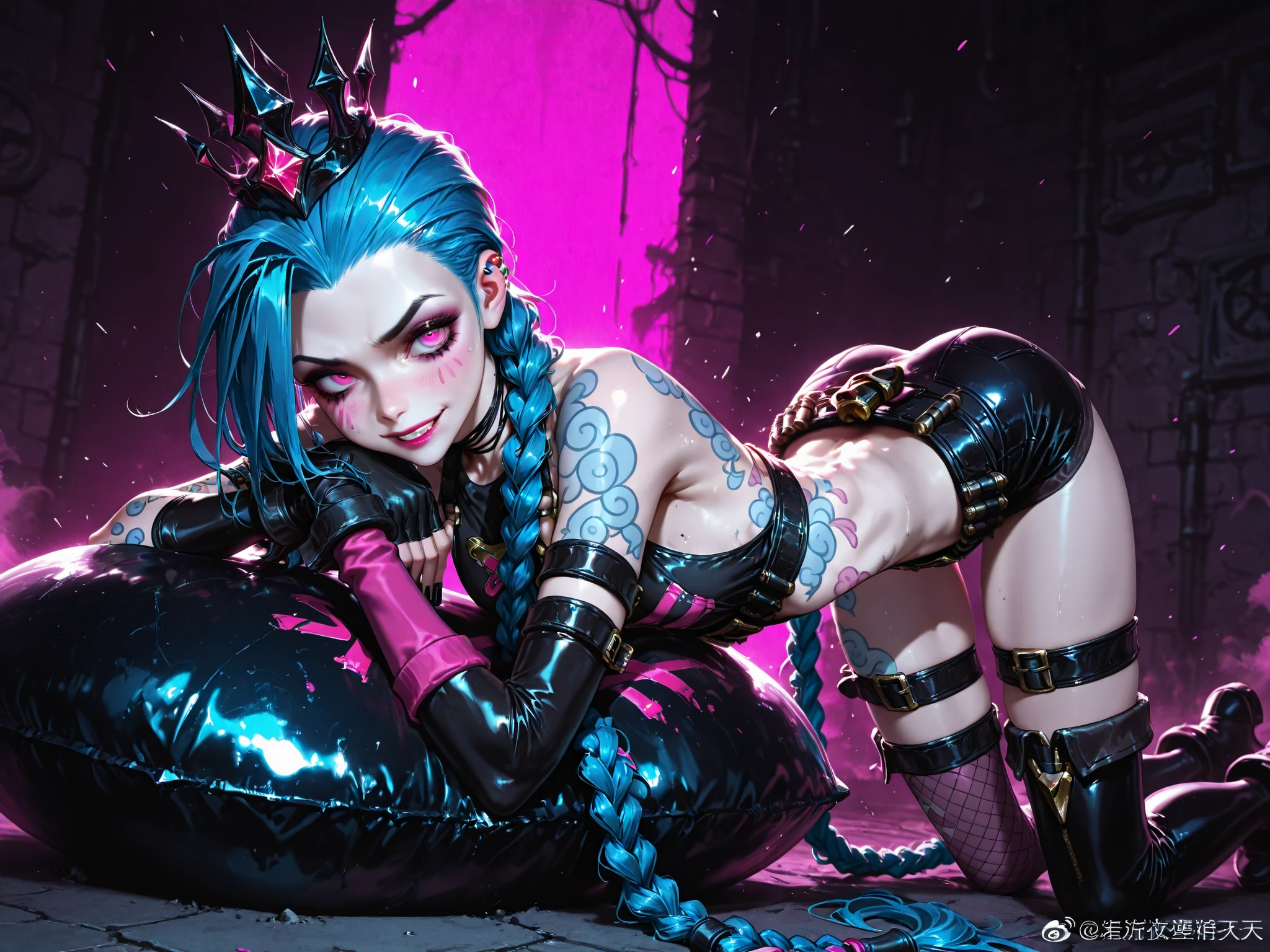 Harley Quinn and wonder woman beautiful gothic punk lesbians, provocative, sensual , bright neon colors, sensual, curly, wifes, whips, chains, very small breasts exposed, open legs, slavery, Penetration, tiro pin-up, big, pee, pee, urination, Blasphemous, oiled skin, church altars , Easter