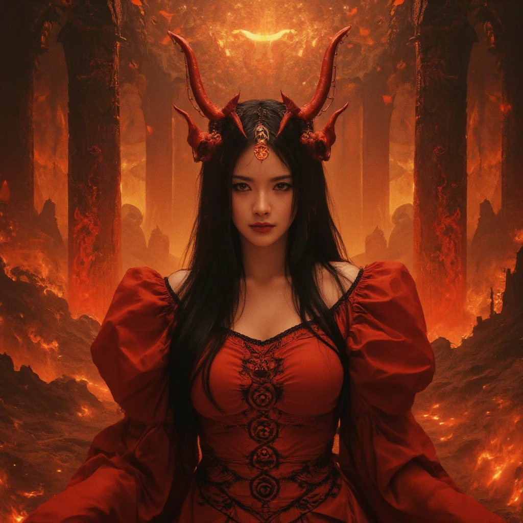 (((((Masterpiece、top-quality、The most intricate and detailed details、Depict everything in intricate detail)))))、((A very beautiful demon queen,Luxurious Long Dress Skirt,Huge and intricate demon wings,A detailed face,A large amount of lava flows in the background,Lava flowing in large quantities,Giant Devil Tiara,Big Princess Dresses,Final form as a complete demon,The Devil's Masterpiece,Big Devil's Horn,Realistic and big horns,Creepy horns,Wings with a very elaborate texture,Wings with a very complex texture,Creature wings with a very realistic texture,Wings of a terrifying monster,The most intricate and luxurious gothic dresses,Bright red lipstick,Mouth dripping with blood,Red Eyes,The most gorgeous princesses dress up with achievements,The most beautiful princesses in the world,Spooky and beautiful demons,The cutest face,Intricate and solemn black dress,The background is intricate and detailed volcanic lava, Evil and beautiful demon,The most majestic appearance of the Demon Queen,Huge Queen Tiara,The most complex depictions of demons,Accurate reproduction of perfect demonic details,The appearance of an unimaginably gorgeous demon,The unimaginably huge and beautiful appearance of the demon)),((Lava erupts violently,Lava splashes,Glowing lava,Sea of lava,lava river,Lava flowing out in large quantities,Stand in the crater of a volcano,Realistic and complex lava)),((Most beautiful face,Half Japan and half Spanish,The happiest smile,Beautiful wavy hair,The most luxurious and intricate dresses,The biggest smile staring at the camera)),(eyes glowing red,Glowing red eyes,Glowing red eyes)),Chest that seems to burst,A dress that tightens the waist,Slimed,Colossal tits,Emphasize body lines,Giant wings of the devil,masutepiece,8K,very intricate,ultra-detailliert