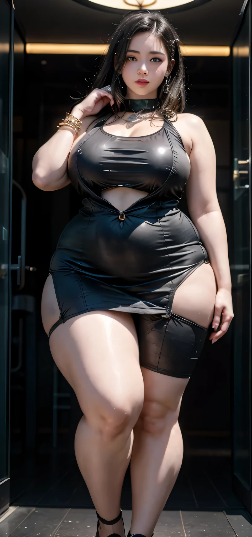 A 30-year-old Asian female fighter poses for a photo，Beautiful nude，Slightly chubby and plump，There are muscles all over the body，Medieval armor on hands and legs，Tall and sexy，Mature and charming，Lewd exposure ，Sweaty and sweaty，Shiny muscle lines，Soaked，Large Breasts，Long legs，Big Ass，Camel toe，Raised nipples，Sparse sexy，Not Wearing，Sexy small brush，NSFW，Light brown urine flows down the legs like a waterfall，Wear sexy 20cm high black pumps，The details of the arched instep make the queen charming and seductive，Peeing in a crowded street