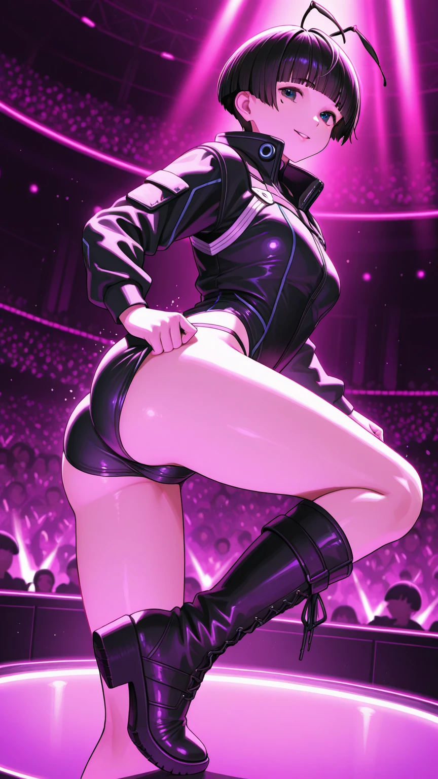 Highest quality,masterpiece,Hard rock band vocalist,Dark silver hair,Live Stage,Radical Slingshot Swimsuit,Small live music venue,Back view, beautiful African American woman.