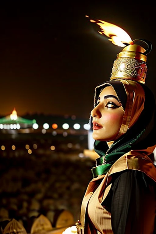 a woman in hijab holding a torch with a city in the background, holding a torch, the torch we all must hold, portrait shot, torches alit in the background, torch - lit, profile picture 1024px, high quality portrait, zenra taliyah, torch lighting, mid shot portrait, medium shot portrait, holding a flaming sword