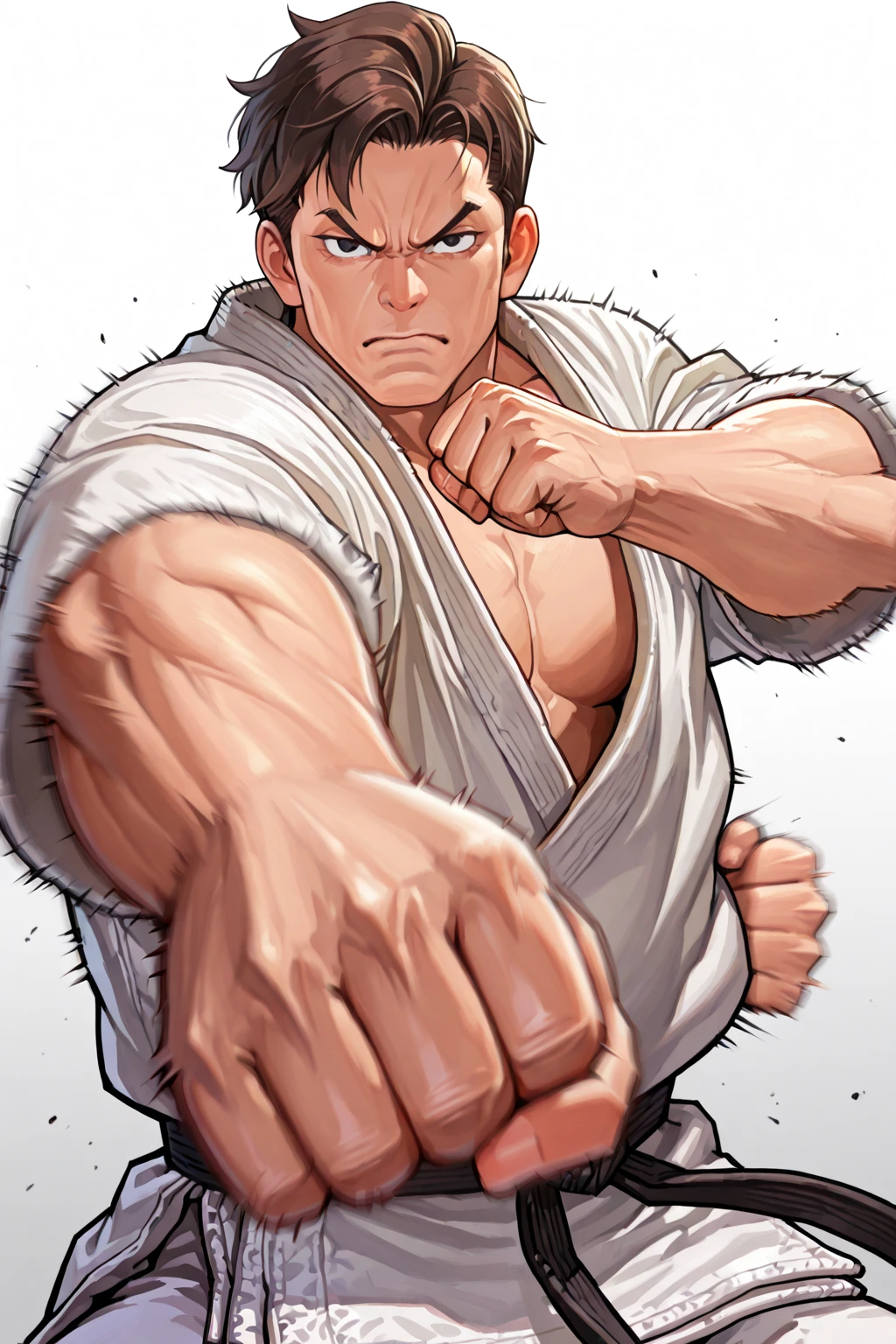 (masterpiece, highest quality:1.2), cowboy shot, alone, male focus, 1 boy, takuma sakazaki, lying,middle aged, expression of agony, open your mouth,touch crotch, white skin, orgasm,Generalized convulsions,, black hair, detailed face、expensive, Hank, muscular, broad shoulders, big physics, body scars, Wearing a big white uniform, New White Jiu Jitsu Shirt, open shirt,bottomless,fundoshi,In a loincloth, At the dojo, very detailed,expression of embarrassment,blush,sweaty,Cum through clothes,Peeing through clothes
