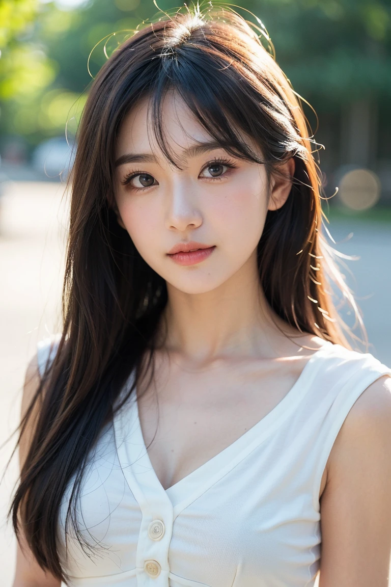 super high quality, (8k, RAW Photos, highest quality, masterpiece:1.2), Fashion Model, Slender, Japanese Idol, Serious expression, brown hair, Stylish, Fashion magazine shooting, ultra-detailed, perfect face, perfect symmetrically perfect eyes, perfect full lips, flexible female form, Realistic, Photorealistic:1.3, Beautiful Face, light brown hair, messy hair, Beautiful hairstyle, Normal chest, Neat clothes, (smile), (wearing clothes:1.3),