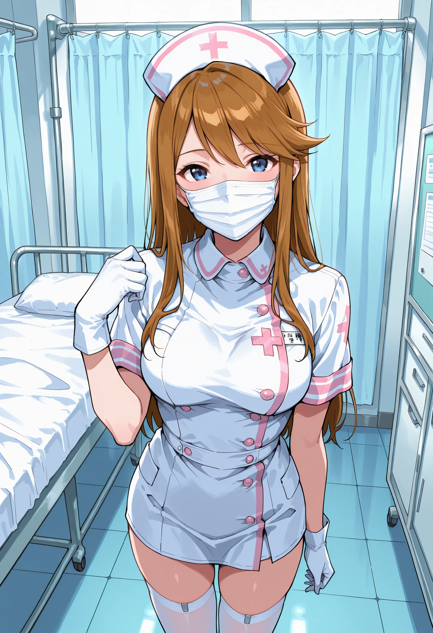 Score_9, score_8_up, score_7_up, source_anime, t0kor0, solo, medium breasts, blue eyes, brown hair, swept bangs, sidelocks, long hair, (best quality), (high quality), {masterpiece}, extremely delicate and beautiful, ultra-detailed, beautiful detailed eyes, nurse, nurse hat, ((white nurse's outfit)), white gloves, white thighhighs, hospital room, ((white mask, mouth mask, covered nose)), standing