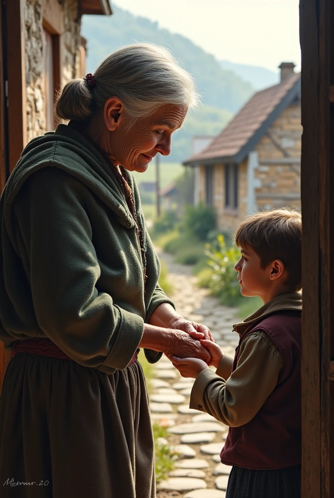 The Farewell**
*Setting: At the village gate.*
- **Grandmother:** (Hugging Finn) "Be brave, be wise, and never lose hope, my dear boy."
- **Finn:** (Nodding) "I will, Grandmother. I promise."