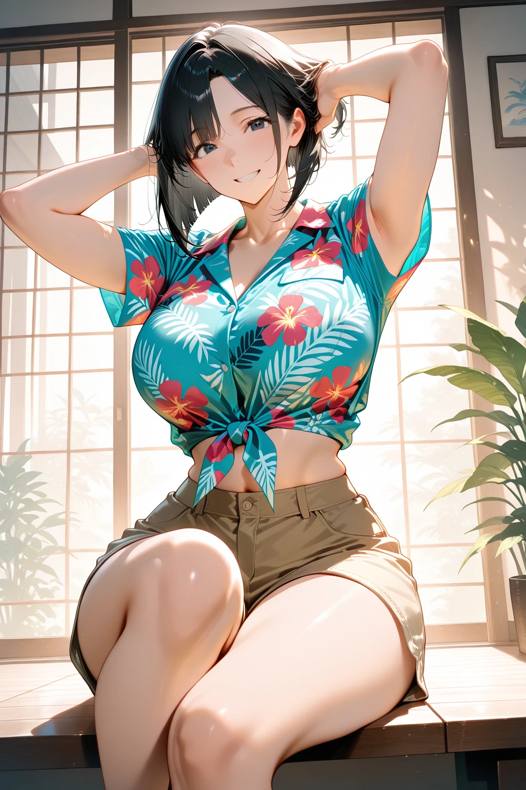 (masterpiece),(very high resolution), (best quality),(extremely detailed),(illustration), dynamic angle,
1girl,
<lora:senrankagura_yozakura:0.8>, yozakura, hair flower, large breasts, cleavage, short hair
BREAK
smile, sexy pose,
japanese clothes, green kimono, bare shoulder, sash. tabi, midriff, floral print, (sleeveless:1.3),
outdoors, petals, wind, sky,