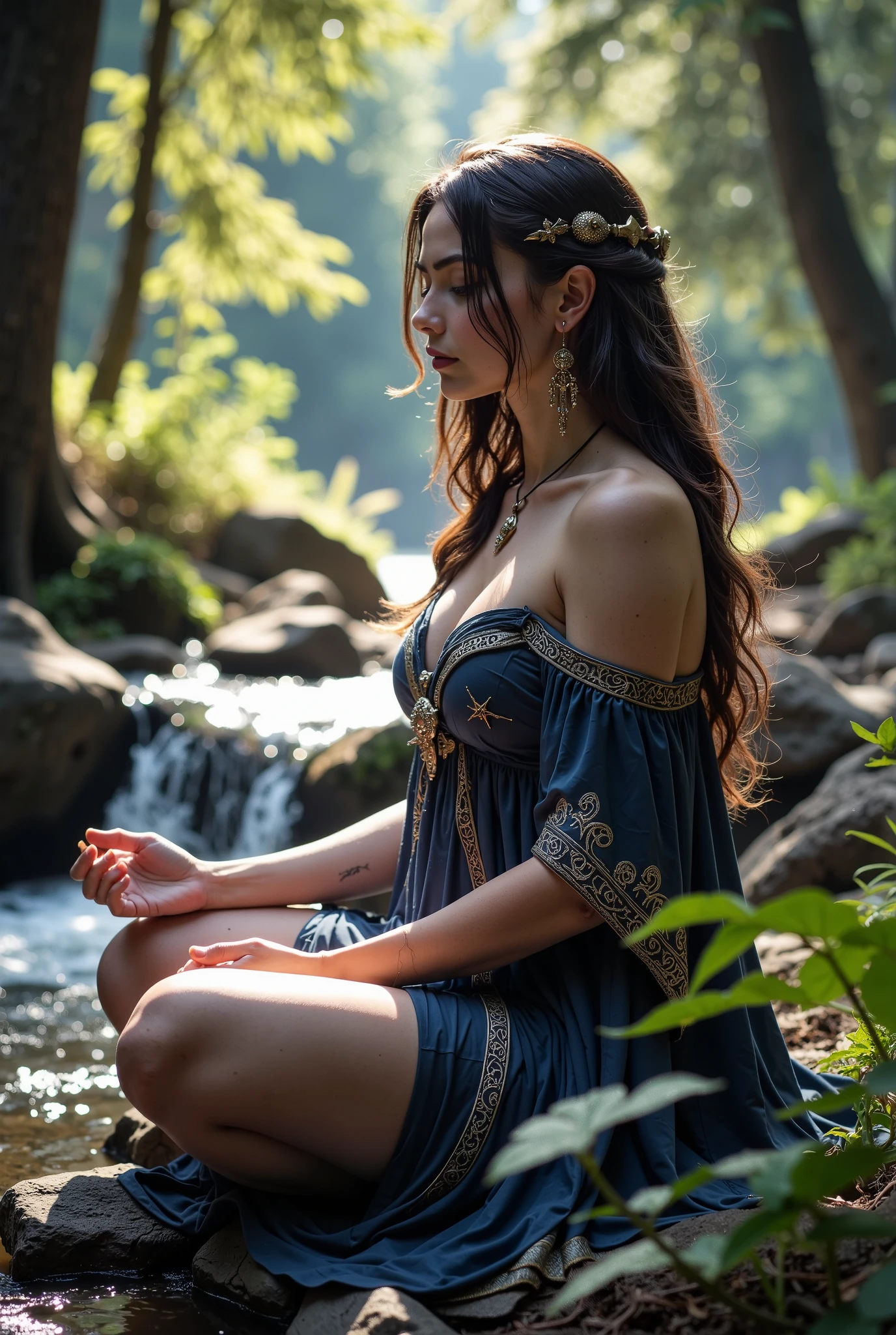 A young American pagan woman sits peacefully beside a flowing river in a lush Pacific Northwest forest. The atmosphere is filled with sacred silence and blissful energy. She has long, wavy dark brown hair and striking facial features — thick dark eyebrows, long eyelashes, and large soulful eyes. Her curvaceous athletic body is adorned in a dark blue and white dress decorated with Celtic knots, Norse runes, and Yogic symbols. The fabric flows around her, subtly revealing her voluptuous curves and strong, sensual legs. She radiates divine feminine energy — graceful, grounded, and spiritual. Glistening earrings catch the light, and her posture exudes serenity, wisdom, and beauty. The forest glows softly around her, the river whispering in harmony with her sacred stillness. ((RAW, masterpiece, 8K HDR, Ultra-detailed, Hyperrealistic))