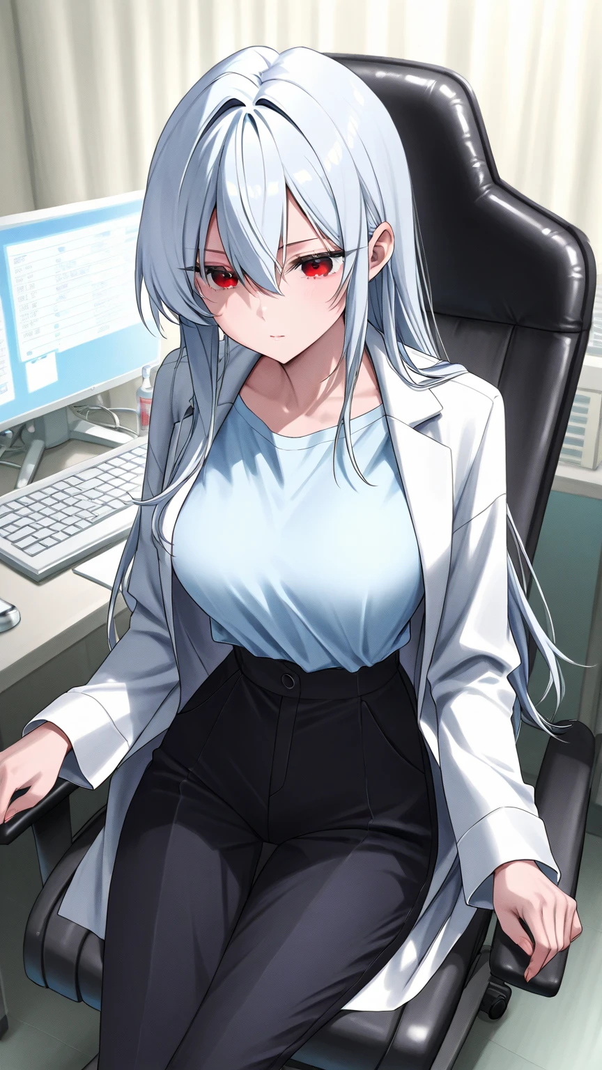 White hair,long  white hair, Draped hair, no ponytail girls, White lab coat, The shirt inside is black cotton, Moderately small breasts, head-up to the camera, Facing the camera, In a dark room，The girl sat in a black office chair, The left hand is more V-shaped than the right hand rests on the breast, Expose legs with black stockings wrapped in all, With a smiling emoji,   Correct limbs，There is a bunch of flashing displays behind the girl，The display is on a black desk
