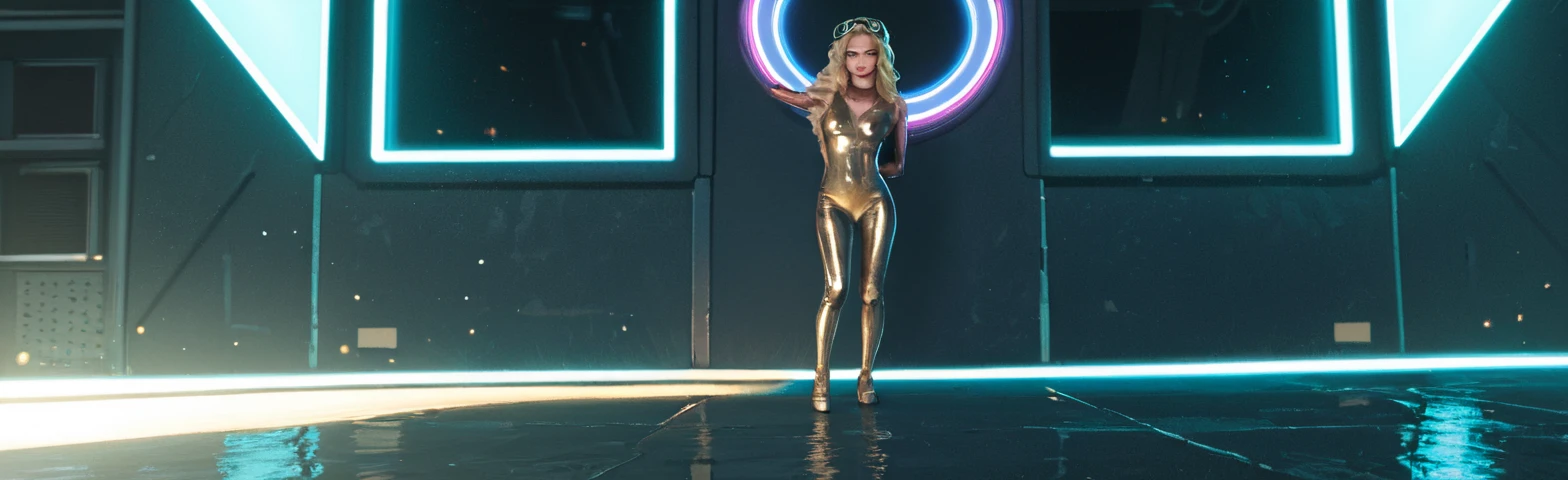 Masterpiece, Madelyn Cline, metallic red leotards, gold belt, gold bracelets, wet skin, blonde hair, long hair, boots, facing the camera, standing, in a spaceship