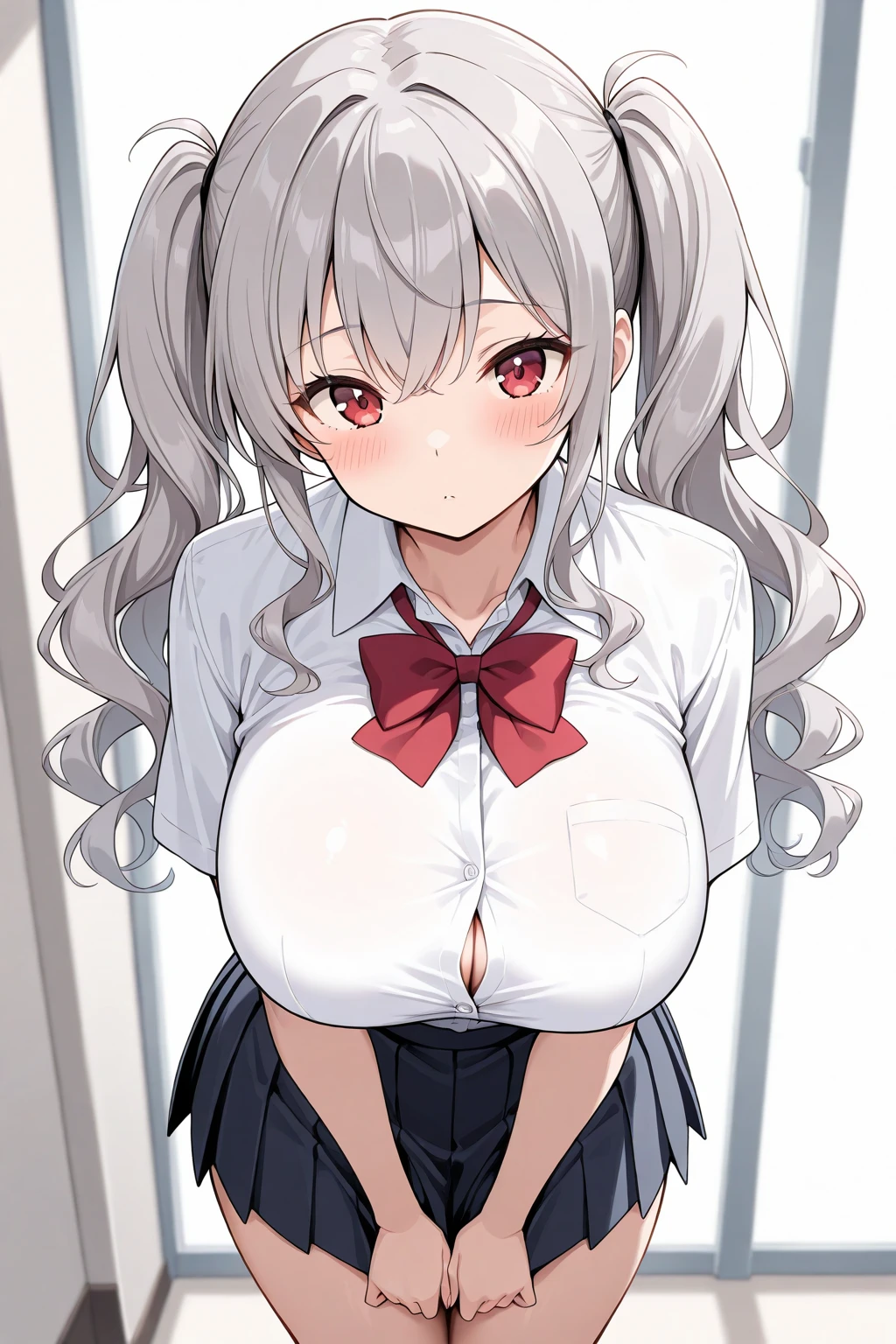 {{upper body, dutch angle}} {{Artist: sincos}} 1girl, teen female, white hair, long hair, red eyes, school uniform, black skirt, big breasts, thick thighs, black thigh highs, indoors, living room, standing, hands on waist, teasing smile, pov, modern day