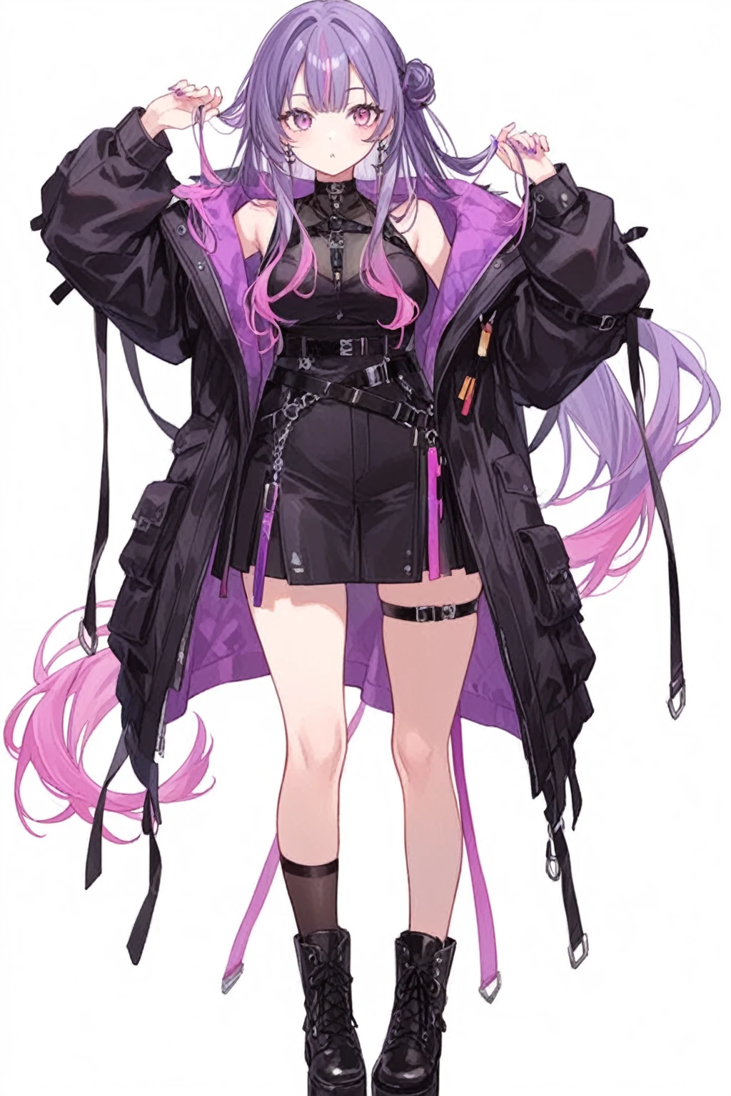 ((pink Hair)),Long Hair,Adult female,(suit),(((Body Harness))),((Roll up your sleeves)),(corset),(Tight Skirt),(High heels),((Simple white background)),smile,((full body)),((whole body))
