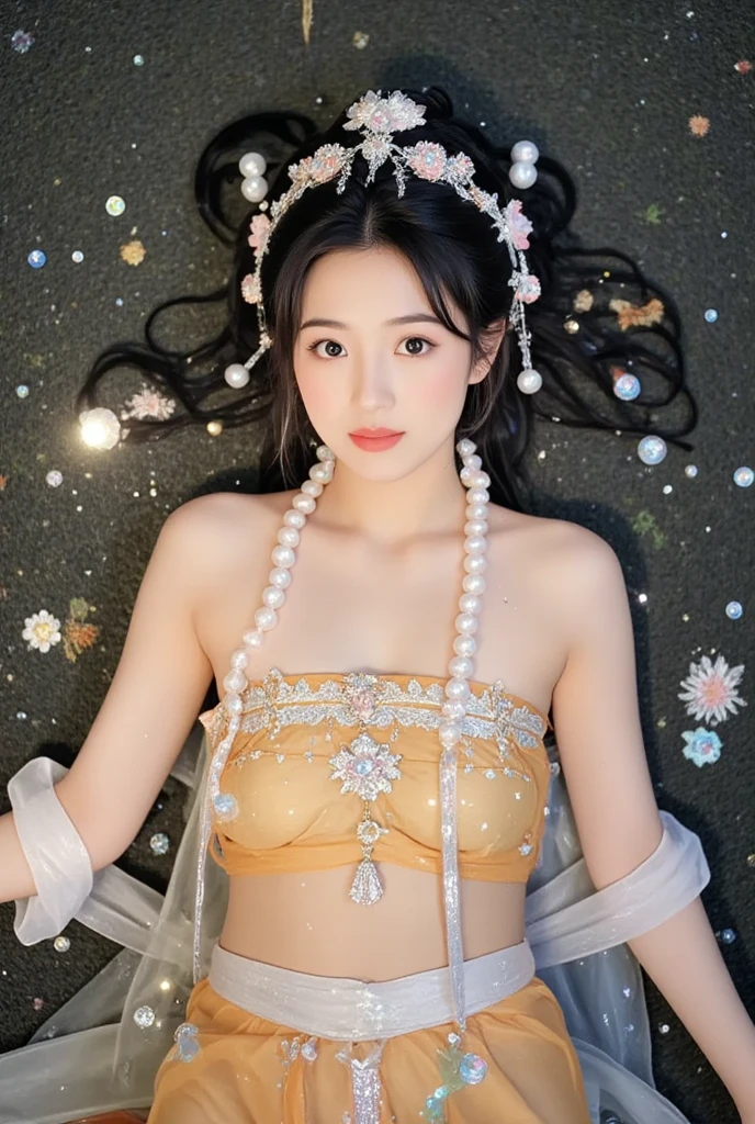 A woman stands in the street,He has a flower on his head, Maggie Cheung, xue han, yun ling, xintong chen, lulu chen, wu liu, wenfei ye, Lynch Peak, fan bingbing, Inspired by Pan Yuliang,Popular topics on cgstation, WLopp Glowing Skin, Open V-shaped corset,Lopp,Bust size and work,Huge cleavage,WLopp Glowing Skin, japanese goddess, The skin is wet and shiny!!, Breasts covered and SFW, Realistic perfect figure, Realistic gravure idols, Hyper-realistic picture, Oppei Cyberpunk, Beautiful and detailed body and face