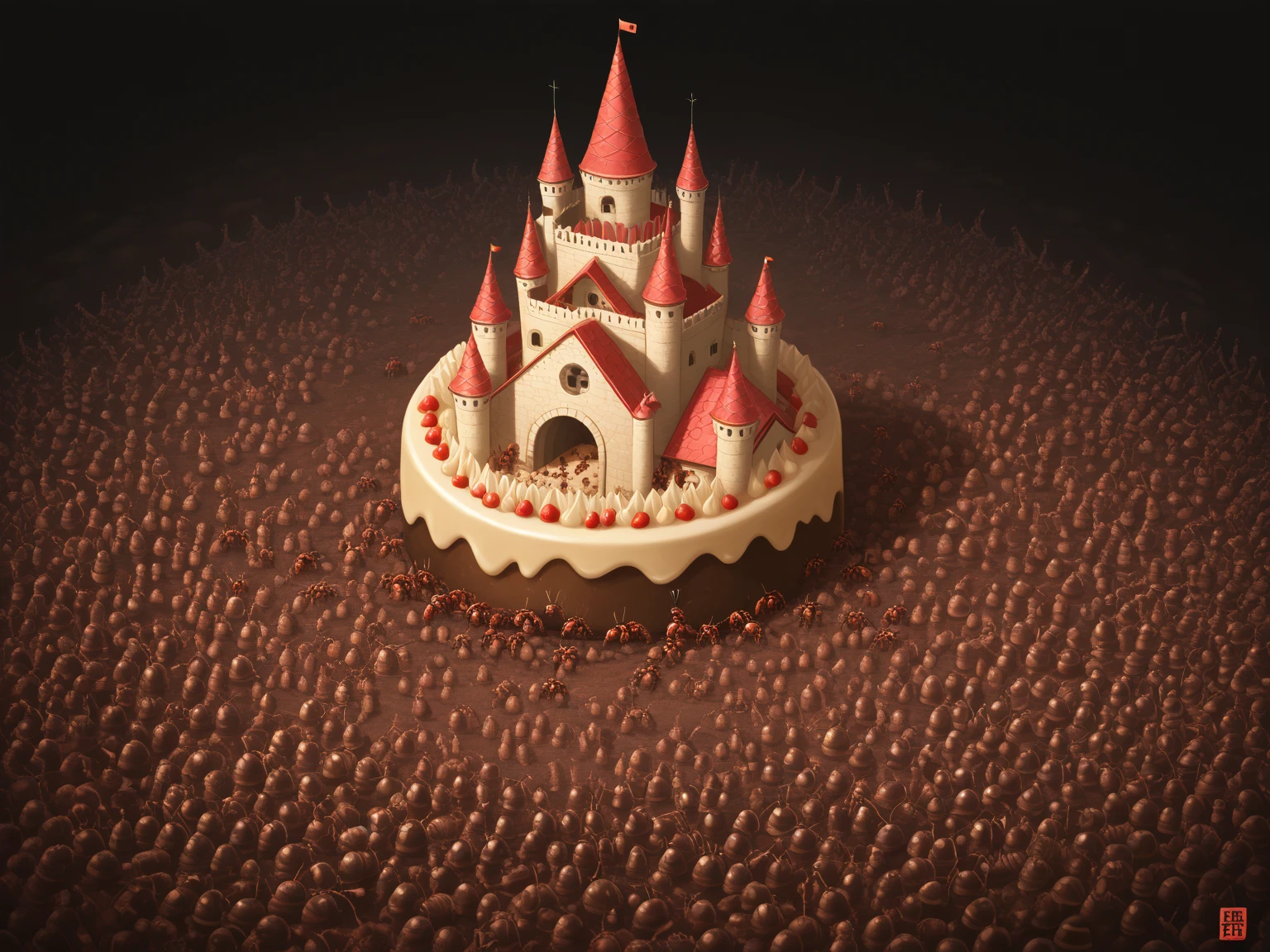 best quality, high resolution, detailed and sophisticated realistic, 32K, ants empire, a castle made of dessert and sweet, there are many ants, a ant king and queen, many ant follow the king and queen.