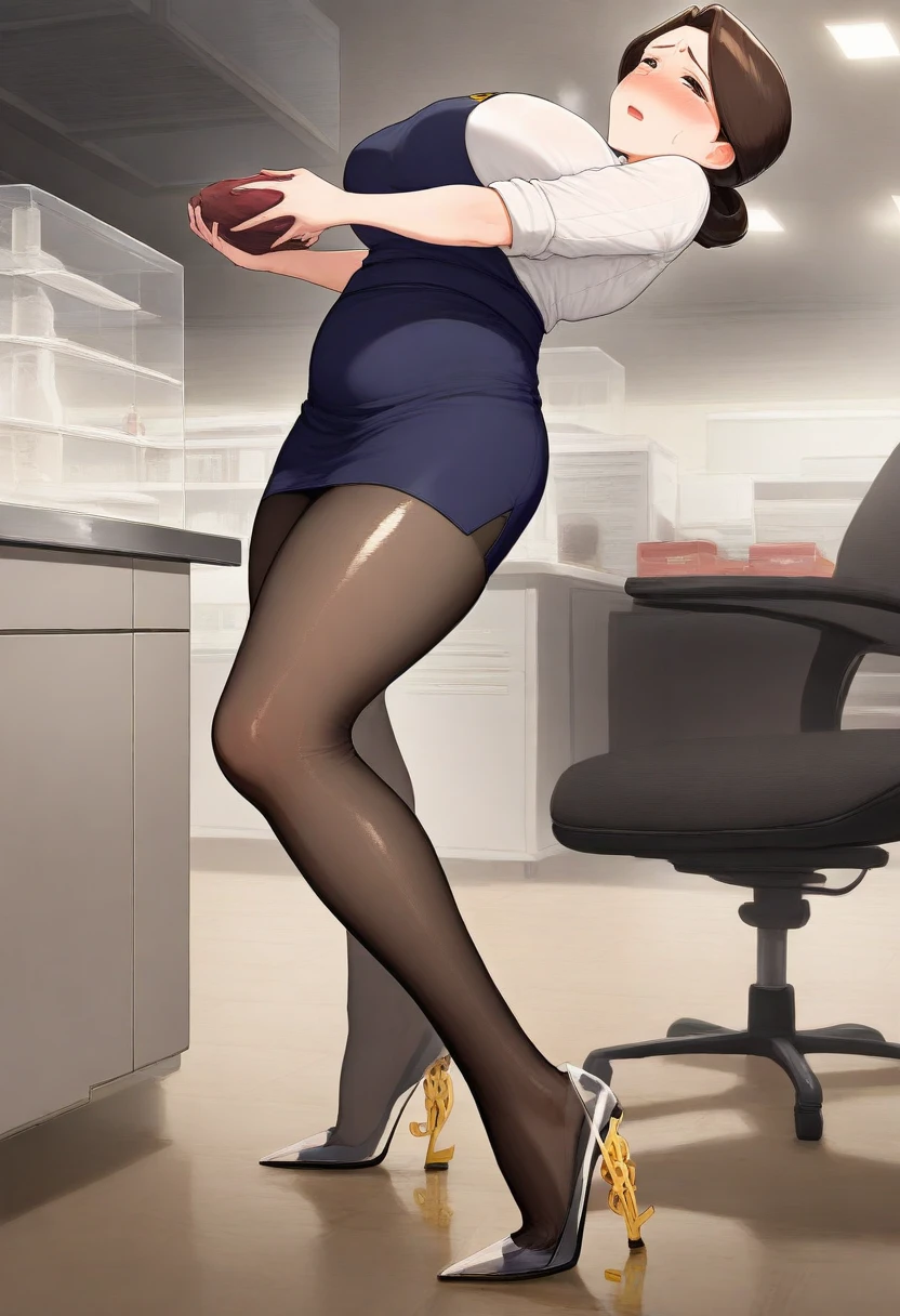 black blazer, black pencil skirt, wide hips, thick legs, thick thighs, wearing small black high heels, sitting on a chair, legs crossed at the knee, ???????