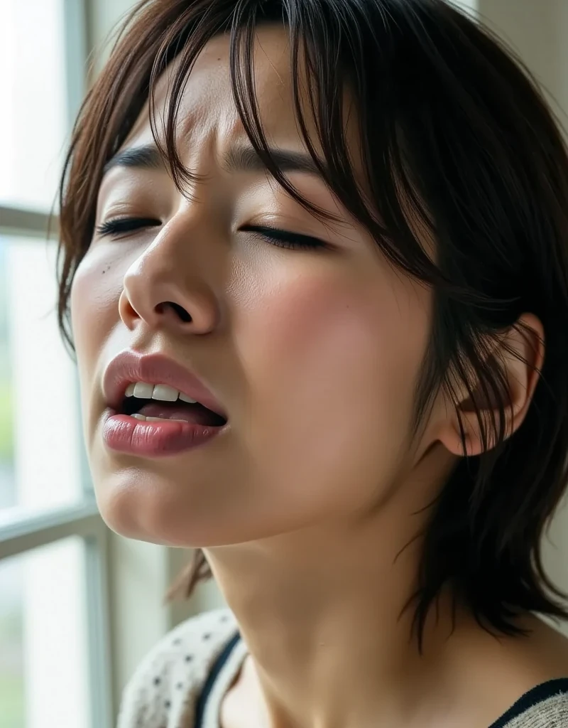 beautiful japanese actress、1 girl,debris flies,,award winning photos, very detailed,face focus, double big eyes(woman with open mouth and closed eyes ), 18-year-old、black hair、shiny skin、(((close up of face)))、realistic nostrils、elongated nasal cavity,,,、apartment emergency stairs, landing of stairs,((Outdoor fire escape staircase,))squat、((random color open cardigan))、big breasts、(sharp nose)frown performance:1.4,,performance,frown,please raise your head、Skin shiny with sweat,oily facial skin,tied hair,Squat down and give a blowjob,female teacher,Squatting in the hallway、squat、50 degree hot room、Skin shiny with sweat、wet transparent fabric,Sweaty all over my face,Face enduring severe pain、screaming face,Open your mouth wide and scream,((woman on top,vagina,sex,))