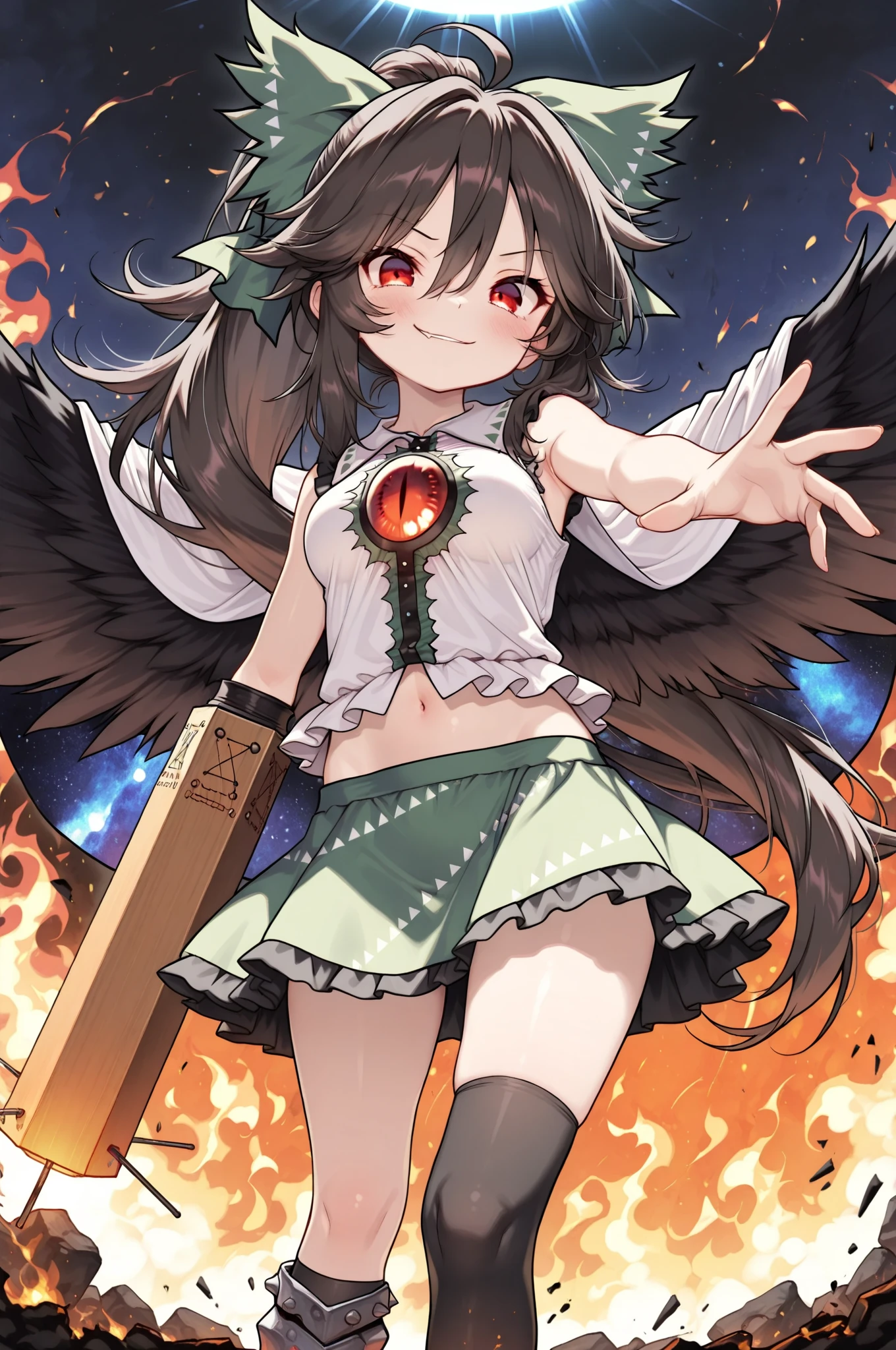 (((((whole body)))))、Utsuho、Green pleated skirt、smile,、Cowboy Shot、 standing on one leg ,leg_lift,panties,standing_split、