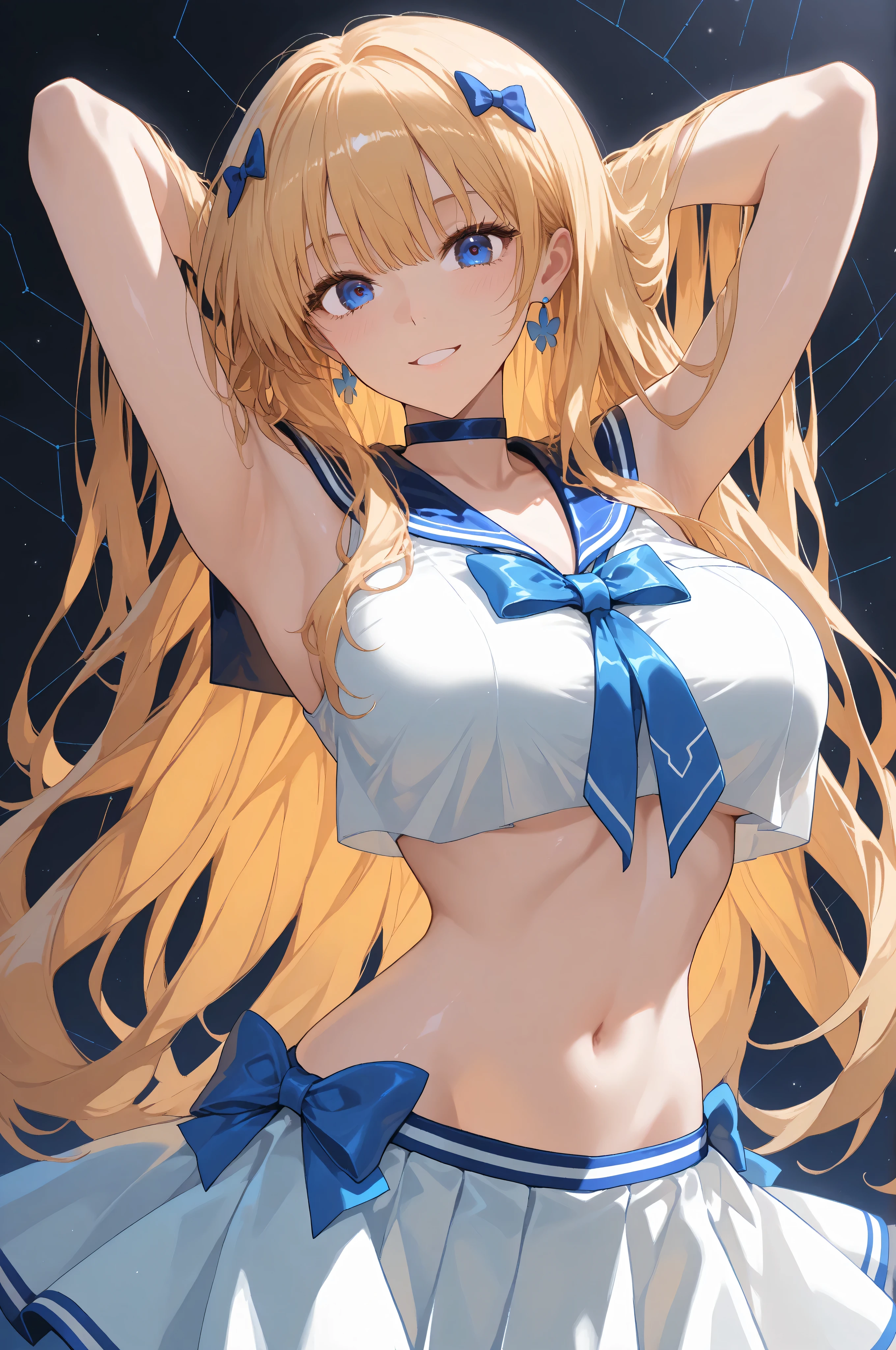 top-quality、realistic touch,high-detail、photoRealstic、thin-waist、captive beauty、big eye、solid platinum-blonde eyelashes、platinum-blonde、full body Esbian、Sparkling eyes, cheeks flushed、Kamimei、thin-waist、Voluptuous thighs、In the classroom of the school、She is in estrus、a sailor suit、cocky expression、Colossal tits、Super short skirt with V-line visible、Sleeveless、Open your legs and show your pussy、Fold your hands behind your head、Navel Look、
