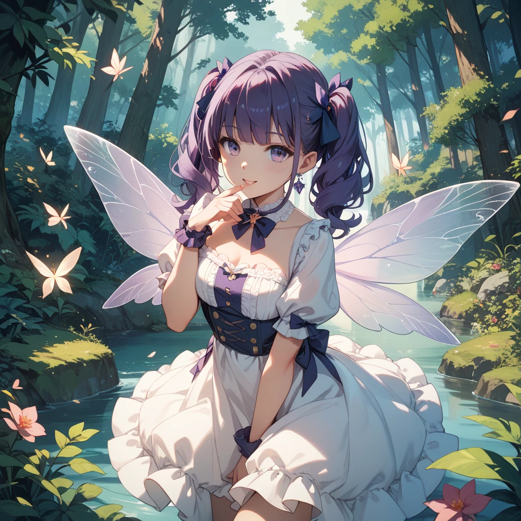 <lora:SlimesButterfreeGirlV1.0-000001:1>, solo pokemon woman, (purple skin:1.3), butterfly wings, sundress, flower field background, masterpiece, art by Kentaro Miura
