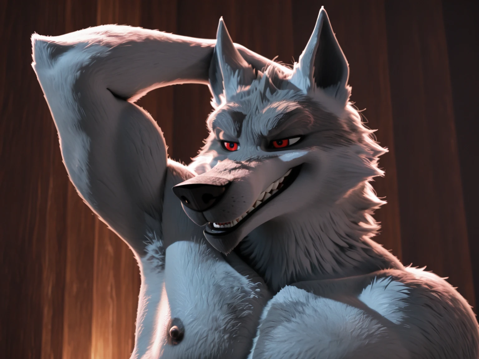 Death (Puss in Boots movie), is an anthropomorphic, silvery-white wolf with an elongated snout, gray mask-like markings on his face, sharp teeth, and glaring, sinister red pupils, wolf ears, tight black thong, sexy pose, bed, lookinat the camera, noticeable crotch, paws, paw pads, muscled, fur, leaning on his side