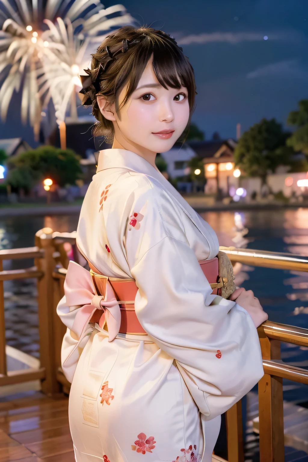 8k, raw photo, best quality, hires, realistic, photorealistic, extremely detailed 8k wallpaper, beautifully detailed eyes, finely detailed face,
 BREAK 
rim lighting to buttocks, bokeh,
 BREAK 
perfectly anatomically correct:1.2,
5 beautiful thin fingers:1.0,
 BREAK 
a nighttime cityscape showcasing Tokyo's skyline,
(in the background a vibrant burst of fireworks exploding in the sky:1.2),
(a graceful suspension bridge adorned with bright white lights),
a subtle line of purple near the base spanning the water, reflecting shimmering gently in the waves,
dominated by the dazzling Tokyo Skytree tower illuminating in a gradient of gold to red hues, [rising majestically against the dark sky],
radiating shades of pink and white above the silhouetted urban structures,
[high-rise buildings forming a dense cluster],
blending the architectural grandeur of Tokyo with the celebratory sparkle of fireworks,
[the scene capturing a festive atmosphere],
[highlighting the city's vibrant spirit and dynamic energy],
 BREAK 
1 female, kawaii, cute natural anime face, very short pigtails,
japanese yukata style clothes:1.1,
(form-fitting yukata accentuating elegant curves and shapely large hips, tight obi belt emphasizing a defined silhouette),
own hands clasped:1.0,
symmetrical clear eyes, chocolate color eyes with captivating reflections,
symmetrical face line, stereoscopic projection of face,
[gentle narrow eyes], wide-set eyes, tareme, [moderate eye bags, double eyelids, reverse banana-shaped round eyes],
small face, round face, rounded jaw, [oval-shaped face, heavy lips, small nose, [chiseled face]], blush, embarrassed, [healthy skin color],
looking back viewer,
slightly leaning forward a body bended like a bow,
maximum ultimate state of feeling so ecstacy that many stars appear in the brain,
curvy thighs,
 BREAK 
(showcasing a graceful hip silhouette through the yukata, no skin exposure),
dynamic pose from behind:1.1