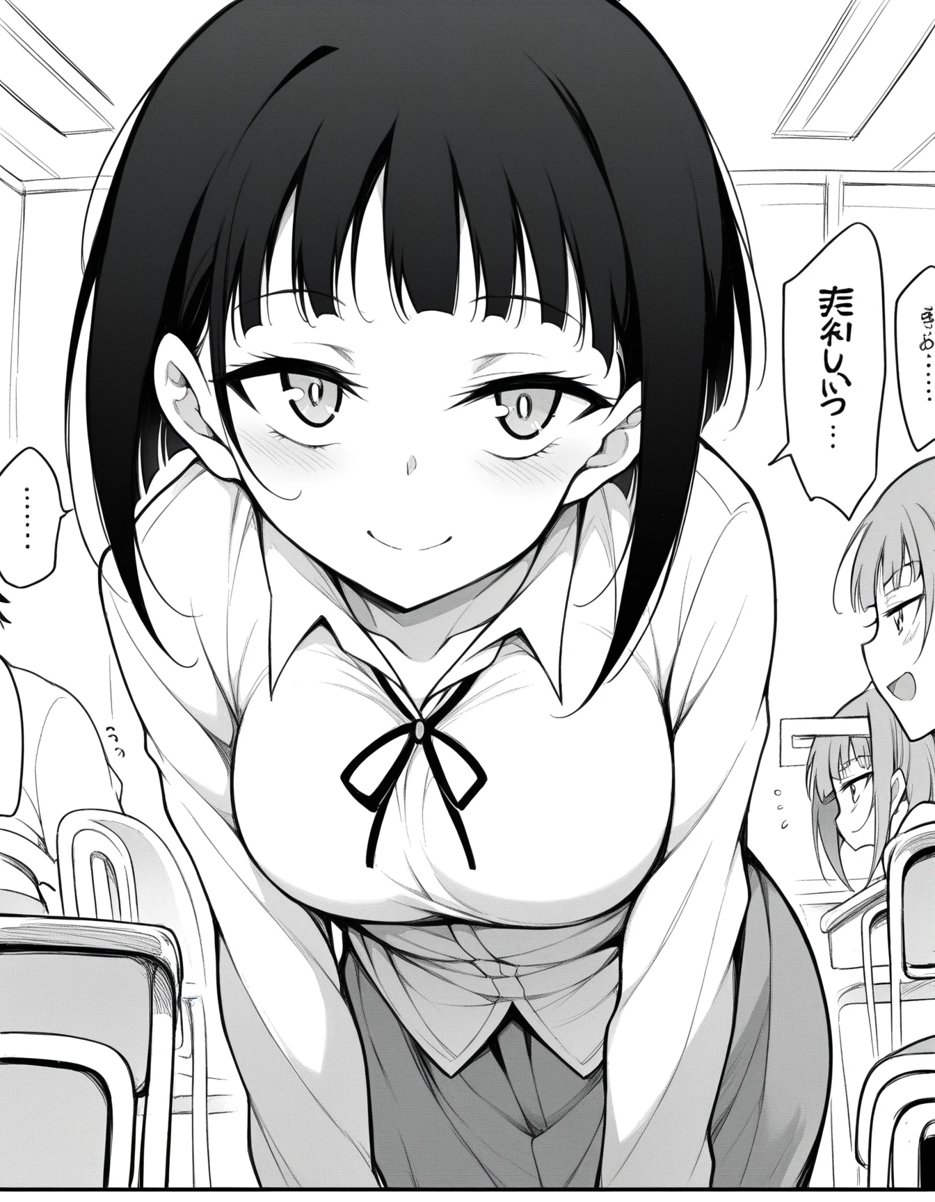 score_9, score_8_up, score_7_up, source_anime,
Komi shouko,
1girl, ((shy)),
Black hair, long hair, purple eyes, collared shirt, white shirt, (red skirt), striped skirt, ((thick tights)), big ,
standing, looking at viewer,
indoors, classroom, blurry background, (undressing skirt), ((bra)), ((((blush)))), bend over, ((ashamed)), panties