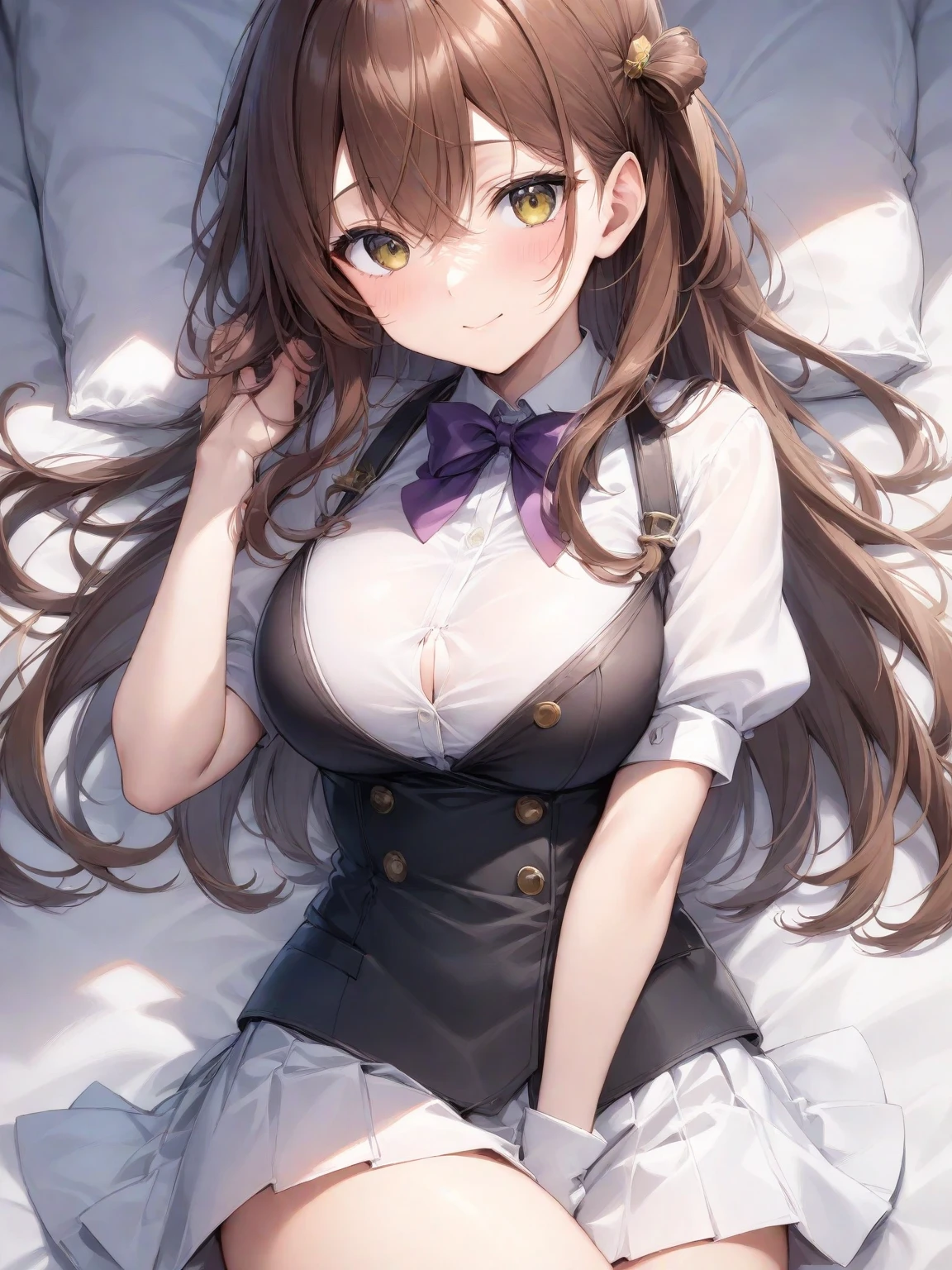 Lisa, genshin impact, 1 girl, alone, huge breasts, cleavage, hair between eyes, messy hair, large chest, long hair, looking at the viewer, brown hair, red short nails, green eyes, alone, Thighhighs, ((masterpiece)), maid dress, maidフク, maid, skirt, stockings, ribbon, maid uniform, sitting, bedroom, bed, pillow, window, night sky, blush, adult woman, open your mouth, Looks like it hurts, Looks like it&#39;s painful, (Grab the chest 1.9), (kneeling pose),