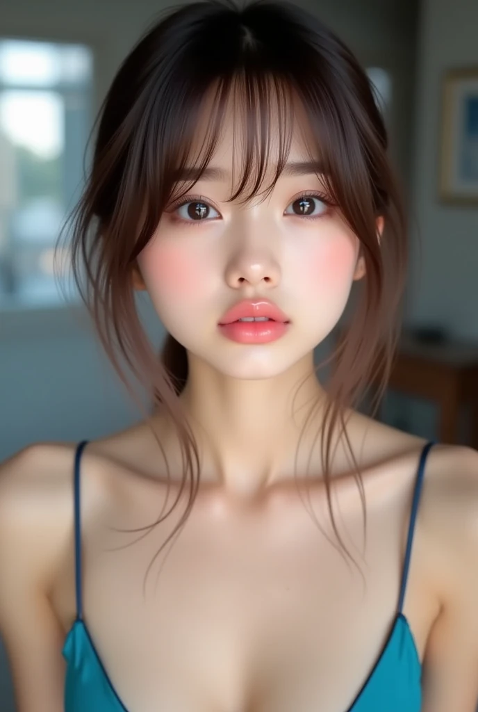 Updo hairstyle, raw photo, real photo, young girl, drooping eyes, Beautiful clear eyes, unique, individual, distinctive face, real skin, Bare skin, slightly open mouth, (Seductive transparent underwear), (dripping, cleavage, fascinating chest), saggy breasts, saggy fascinating chest, lovely, neat, calm, happy, innocent, peaceful, soothing, youthful, irreplaceable, (Extremely high-density images, Ultra-high resolution, 8k, Extremely high resolution, Super fine skin texture), dimple, charming, (fascinating look), dynamic angle, Floral wallpaper background