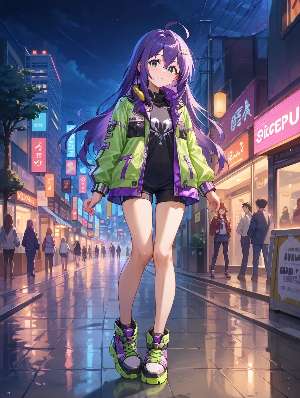 Realistic, Anime style, 1girl in, Holographic Hair, Heterochromic eyes, Glowing eyes, Holocrop Top, Holoscart, Parted lips, blush, Night, white roses, pastels, Glitter Lame Original Costume, bluntbangs,portraitures, Purple eyes,Deities々Shishihitomi, Long hair, Purple bangs、Fancy hoodies、Blue eyes, Hair Bow,Large hoodie,170cm、Purple boots、Long、Purple outfit、Long Skirt Long Ponytail Hair, purple color hair,Miraculous body lines,dynamicposes、crouching down、Arms tucked between legs、Expression of wanting to go to the toilet、Put your hands on your hips、Squat position、colorful backdrop,long skirt、Cold look、perspiring、Keep your knees on the ground、BREAK looking at viewer, BREAK outdoors, BREAK (masutepiece:1.2),Best Quality,hight resolution, Unity 8k壁纸,Fireworks on the beach on a summer night,Hands folded behind the waist,,Dance moments、extremely details CG, (Perfect hands, Perfect Anatomy)