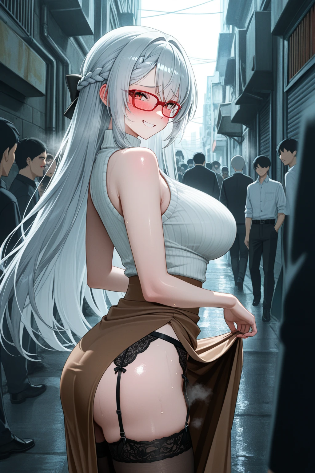 ((best quality)), ((highly detailed)), masterpiece, absurdres, (detailed eyes, deep eyes), (1girl), (glasses), <lora:exhibitionism:.9>, (standing), exhibitionism, public indecency, flashing, naked coat, fur-trimmed coat collarbone, nipples, navel, bow panties, rope, shibari, BDSM, thighighs, garter belt, smiling, ((blush, embarrassed)), in a crowd, many others, princess, ((very long hair)), curly hair, light brown hair, large dress, tiara, (in a city, midday)