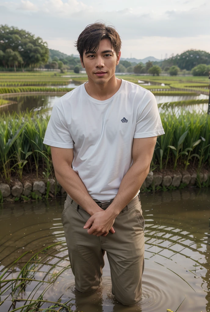 (best quality,4K,height,Masterpiece:1.2), Very detailed, realistic:1.37, HDR,1 boy,alone,Young Asian Man,thin,Beard 3 days,blink,Normal body, Take a shower outside , country house