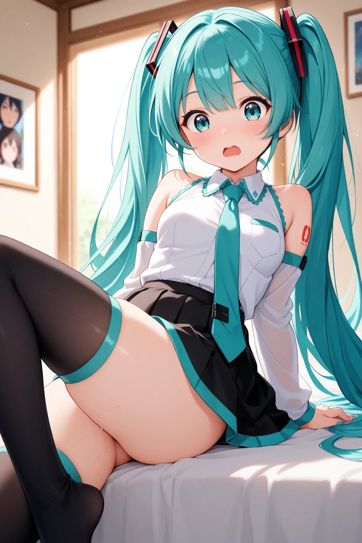 Young Hatsune Miku、girl、独奏、blush、(Huge breasts:1.2)、girl、Kindergarteners、、6 years old、、、be happy、Striped panties、Long skirt、Clothes are see-through、From below、Wet clothes、、Sit with your legs apart、Bra showing through over clothes
