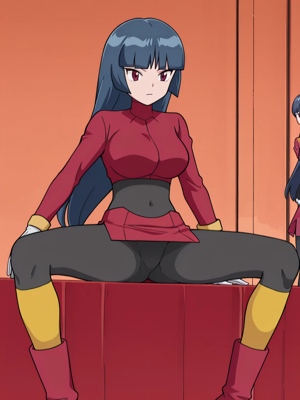 ((team rocket uniform,red letter r,white skirt,white crop top,black thigh-high boots,black elbow gloves,glaring angrily,looking at viewer,hands on hips,from below)),(best quality,4k,8k,highres,masterpiece:1.2),ultra-detailed,(realistic,photorealistic,photo-realistic:1.37),((HDR,UHD,studio lighting,extreme detail description,professional,portraits,red color scheme,dramatic lighting)),{{sexy squat on toilet,spread legs,black panties,makoto nijima, blunt bangs, braid, brown hair, crown braid, (red eyes:1.3), short hair,,UHD}}